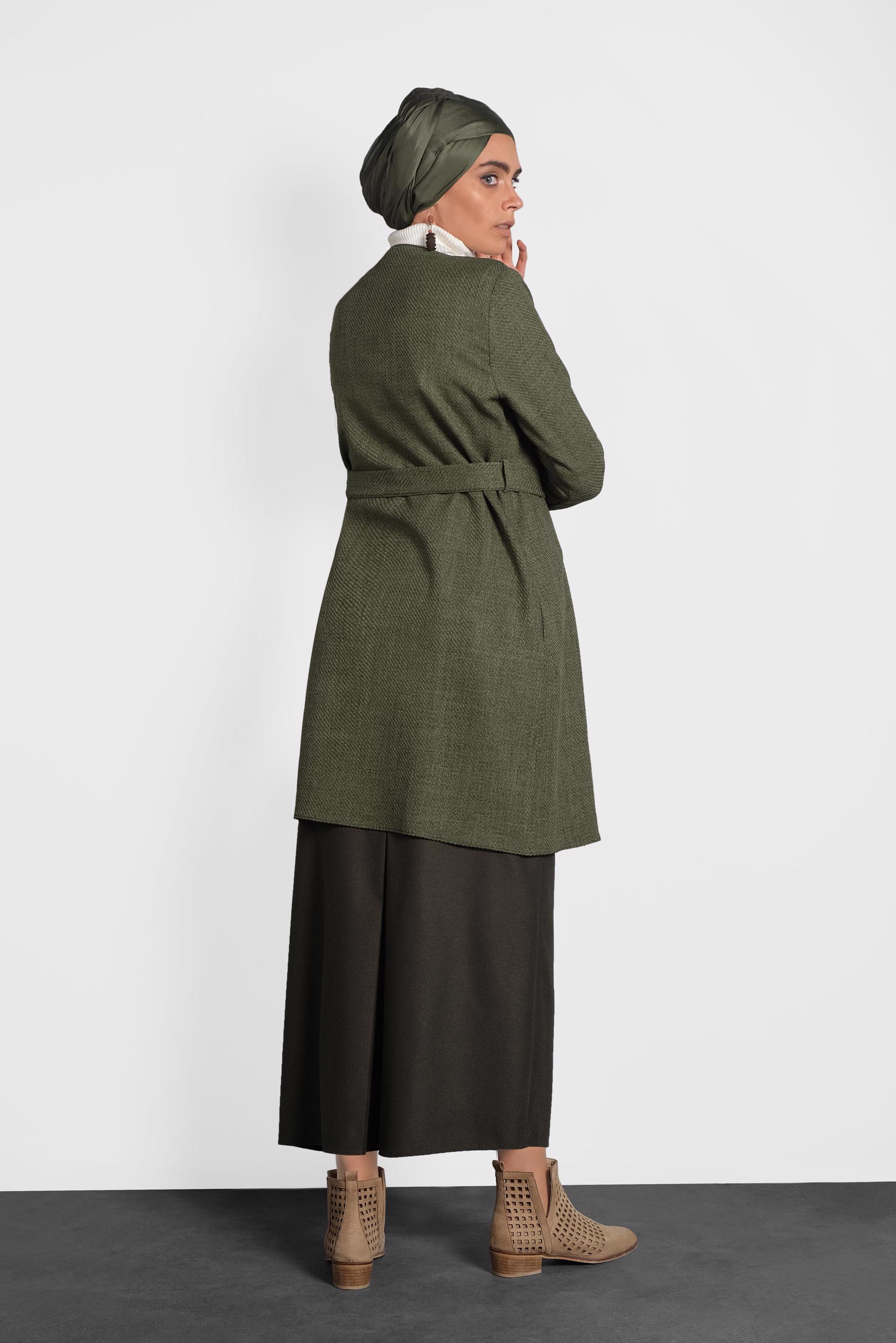 Tesettür giyim HAKİ KEMERLİ BİSİKLET YAKA CEKET 40265 