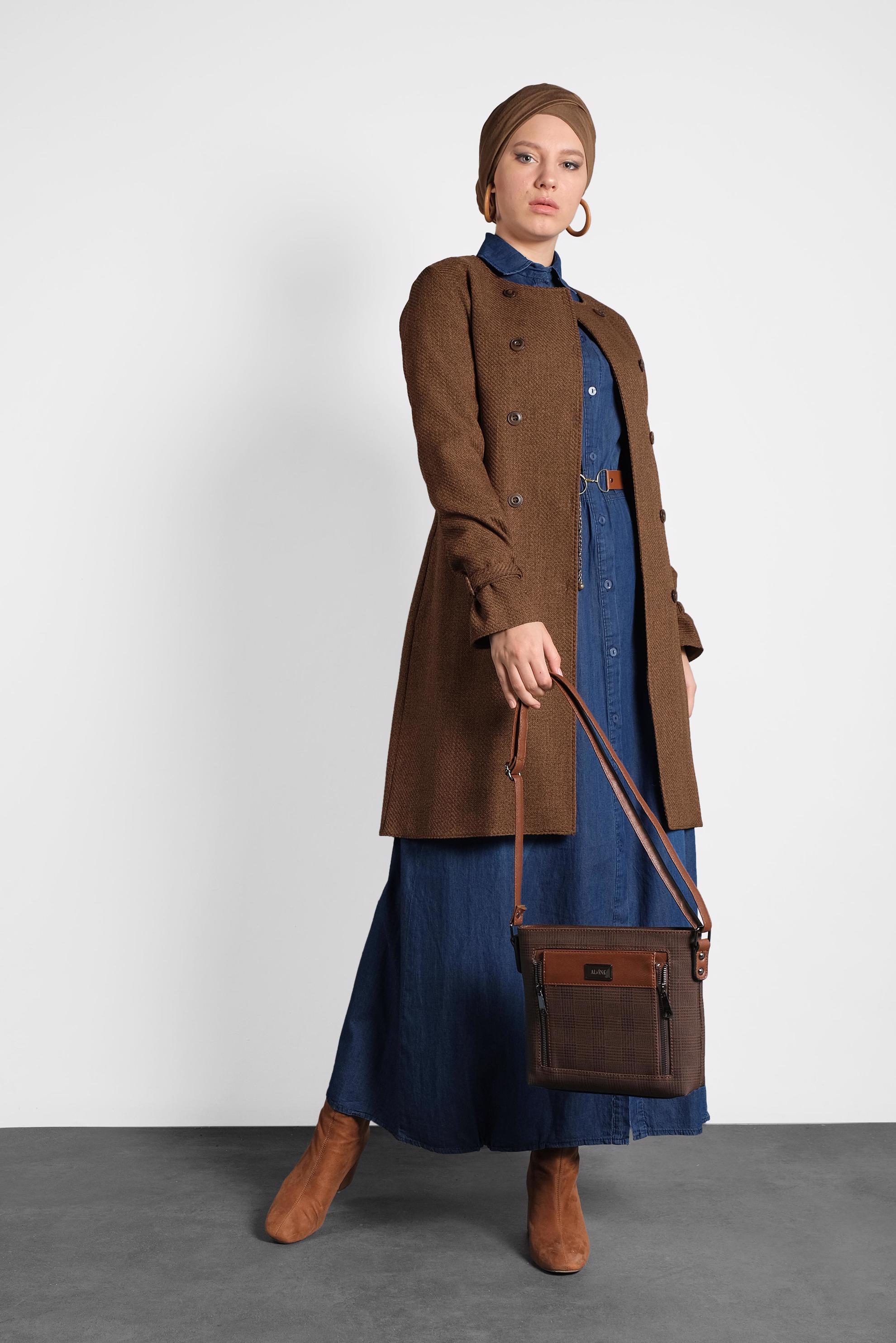 Tesettür giyim TABA KEMERLİ BİSİKLET YAKA CEKET 40265 