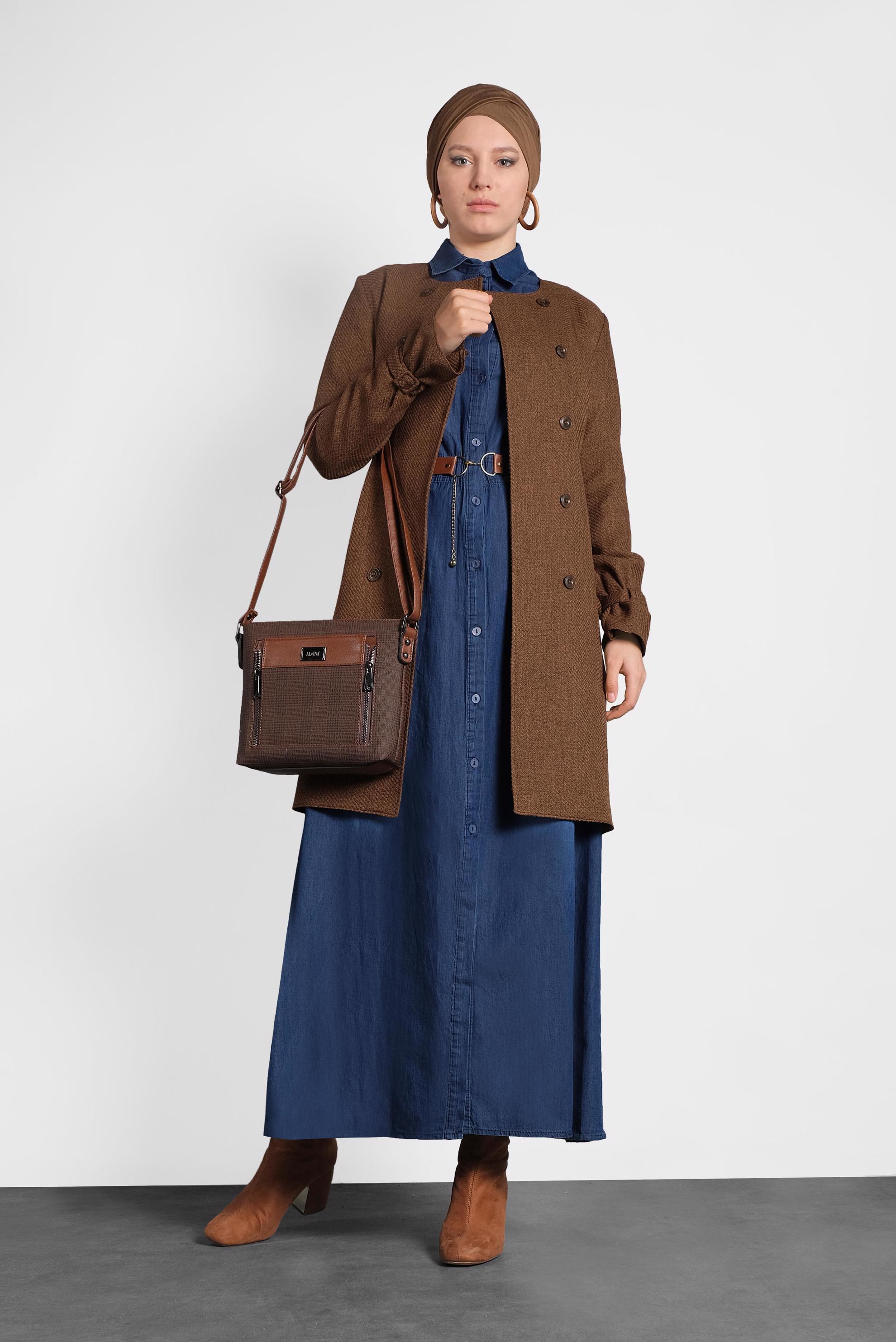 Tesettür giyim TABA KEMERLİ BİSİKLET YAKA CEKET 40265 