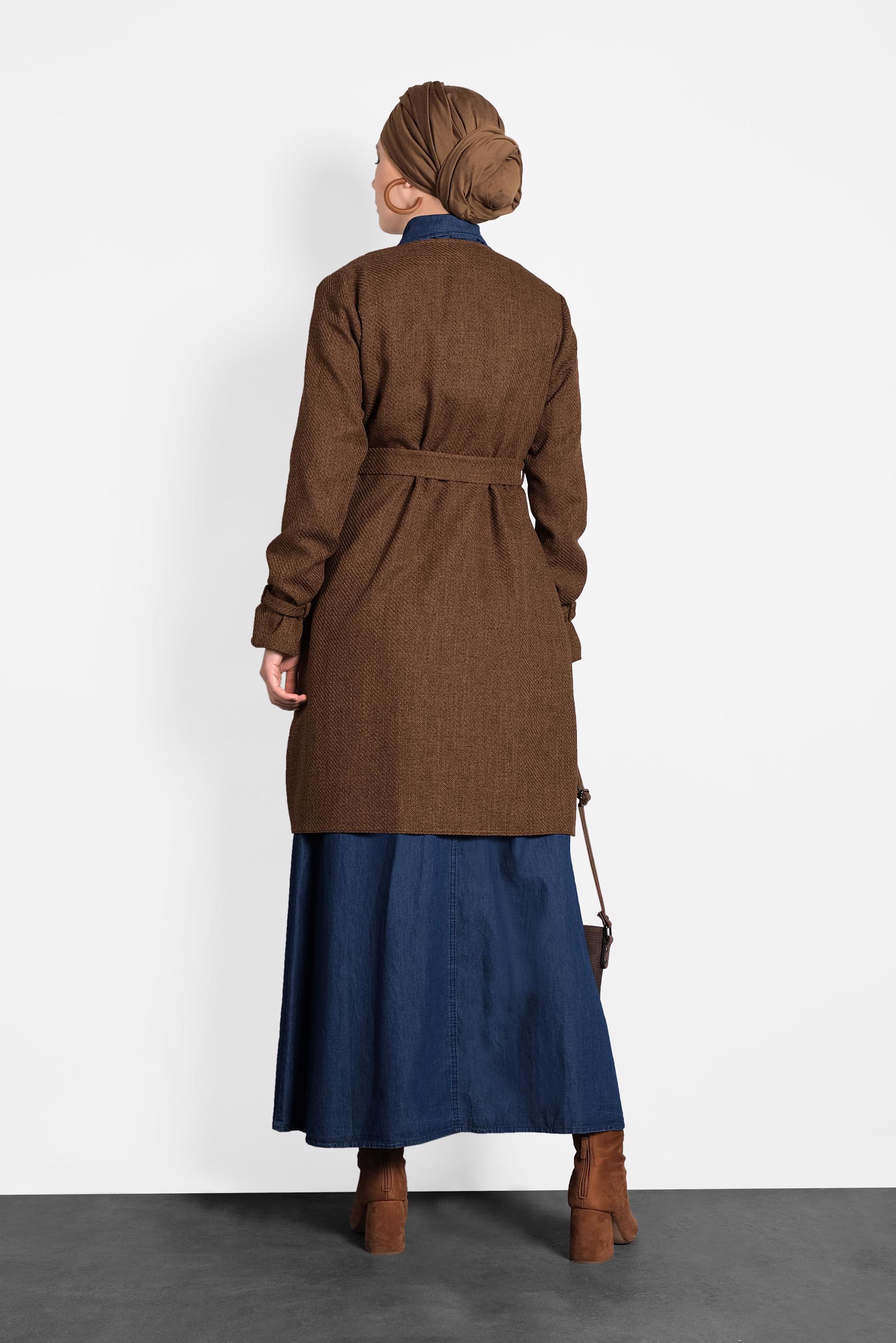 Tesettür giyim TABA KEMERLİ BİSİKLET YAKA CEKET 40265 