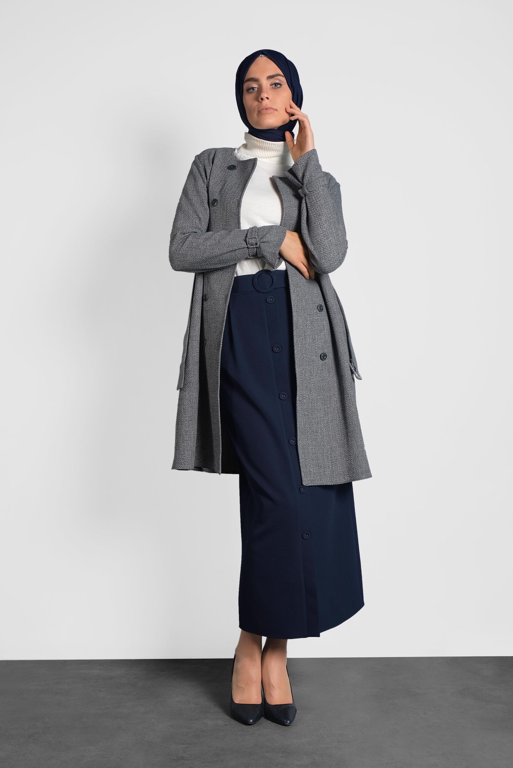 Tesettür giyim SİYAH KEMERLİ BİSİKLET YAKA CEKET 40265 