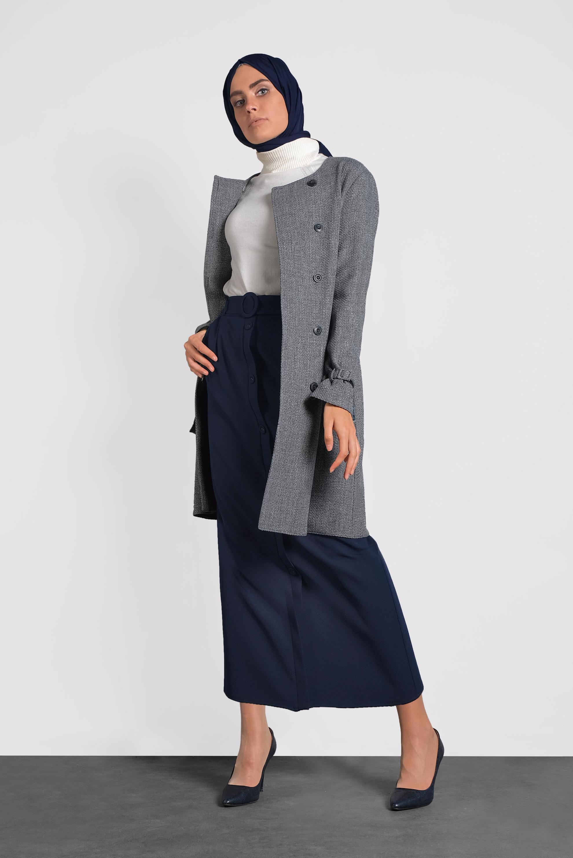 Tesettür giyim SİYAH KEMERLİ BİSİKLET YAKA CEKET 40265 