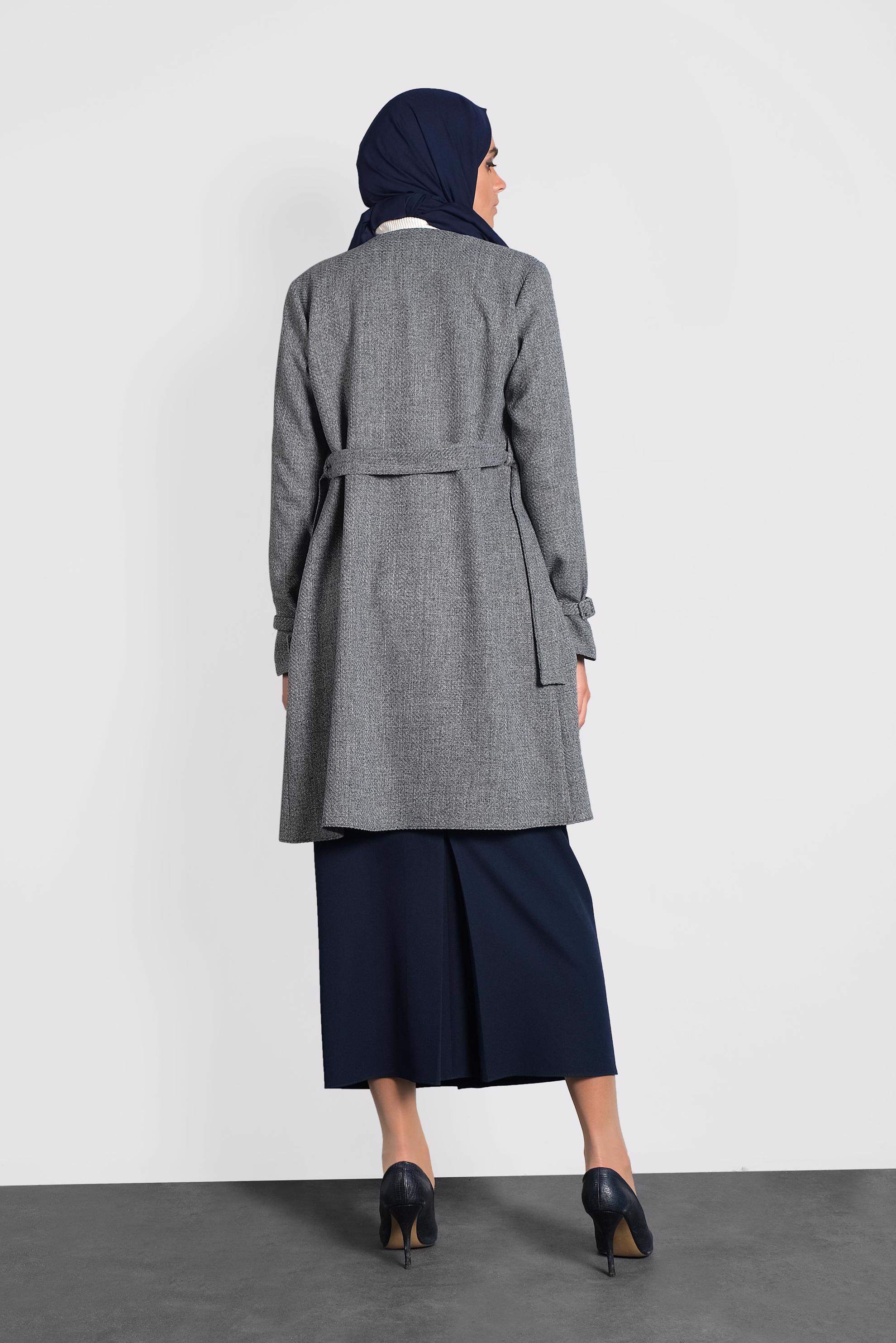 Tesettür giyim SİYAH KEMERLİ BİSİKLET YAKA CEKET 40265 