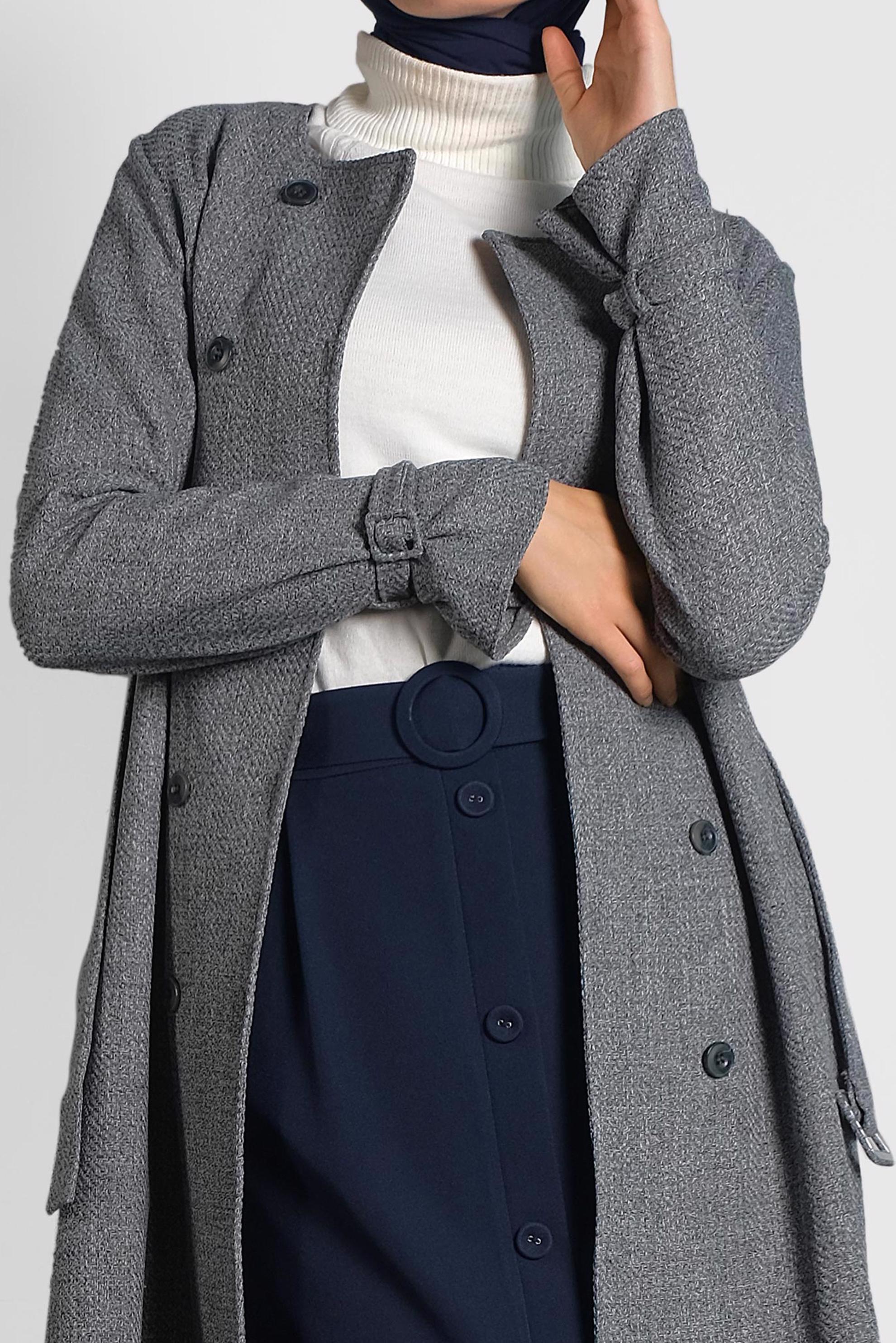 Tesettür giyim SİYAH KEMERLİ BİSİKLET YAKA CEKET 40265 