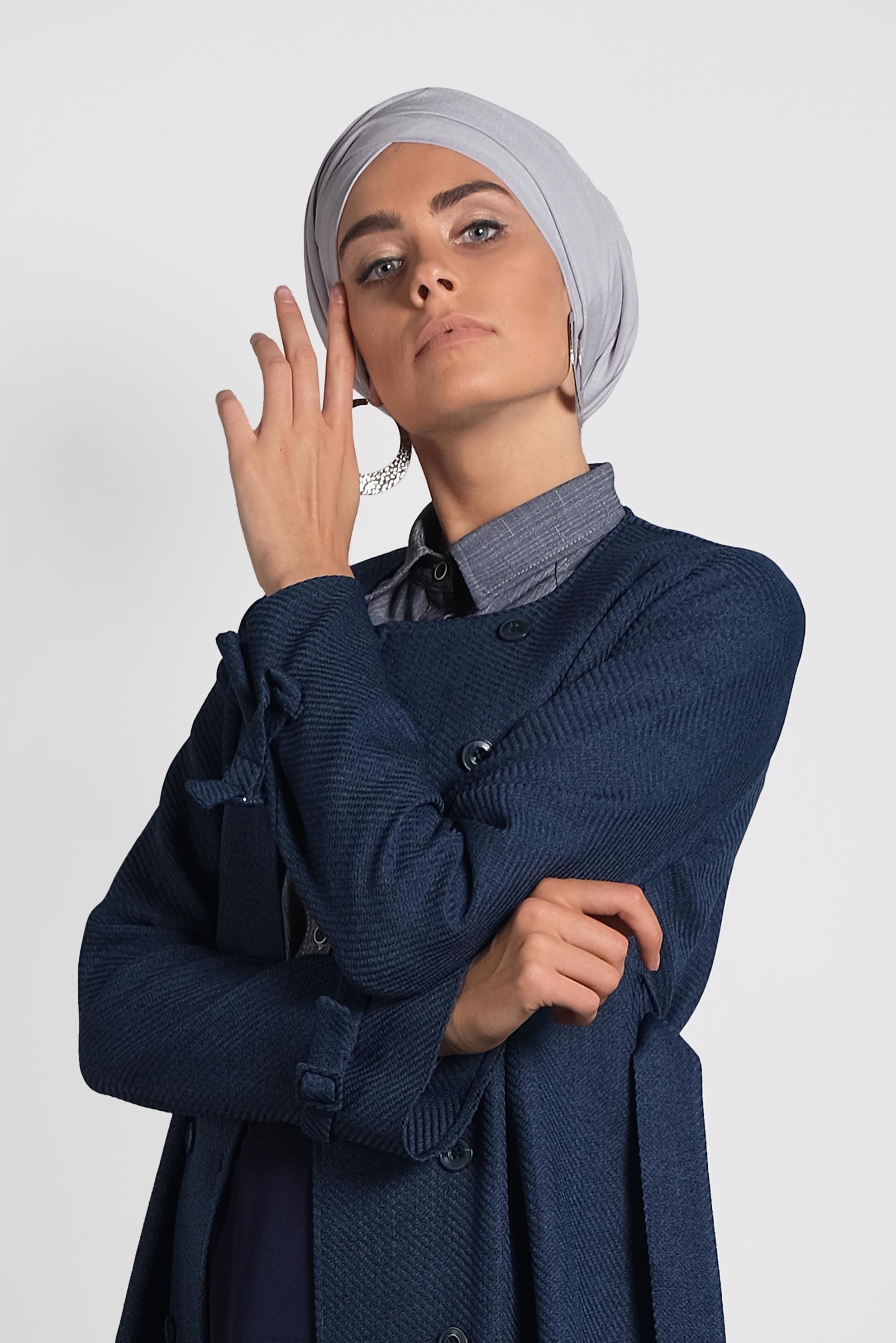 Tesettür giyim LACİVERT KEMERLİ BİSİKLET YAKA CEKET 40265 