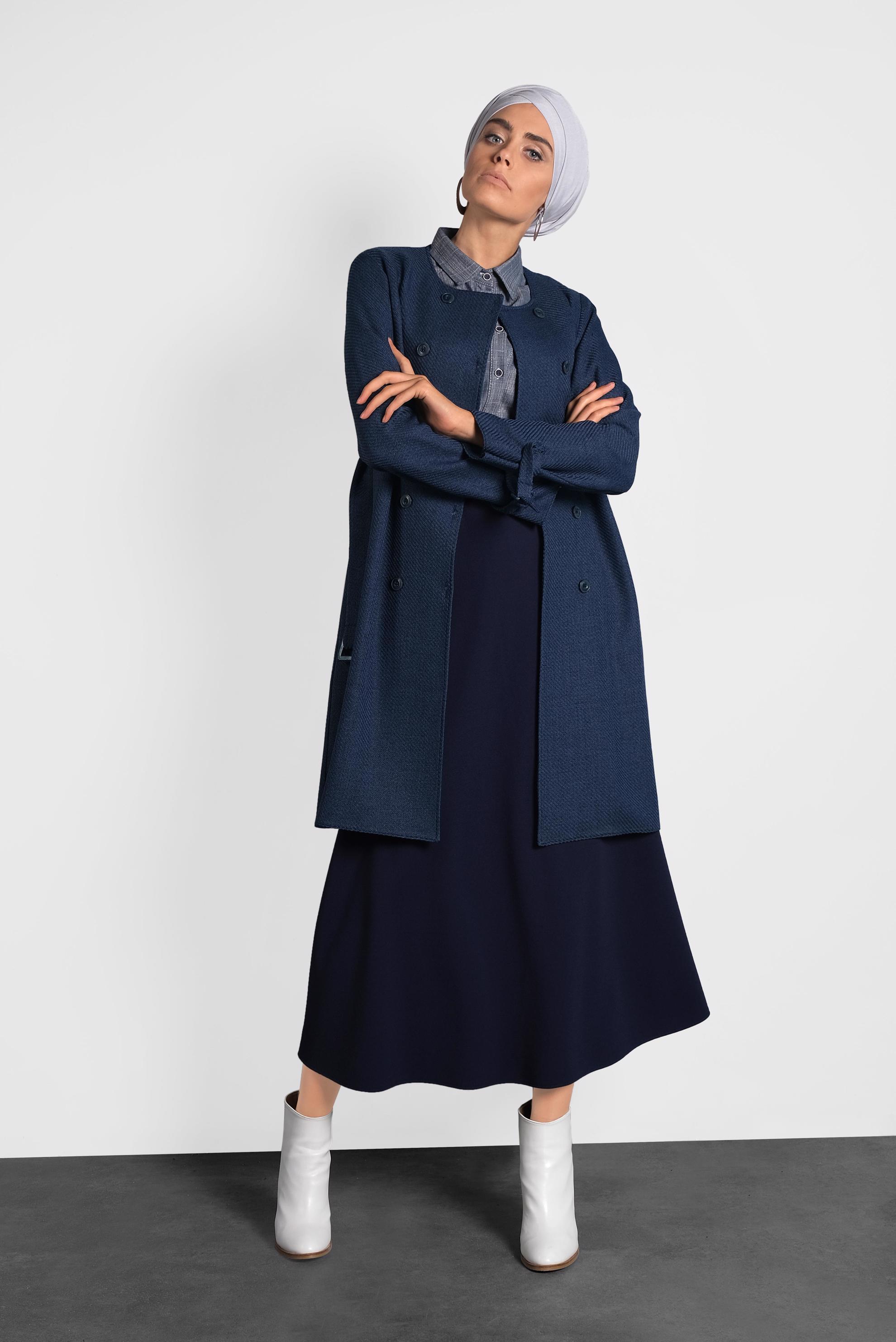 Tesettür giyim LACİVERT KEMERLİ BİSİKLET YAKA CEKET 40265 