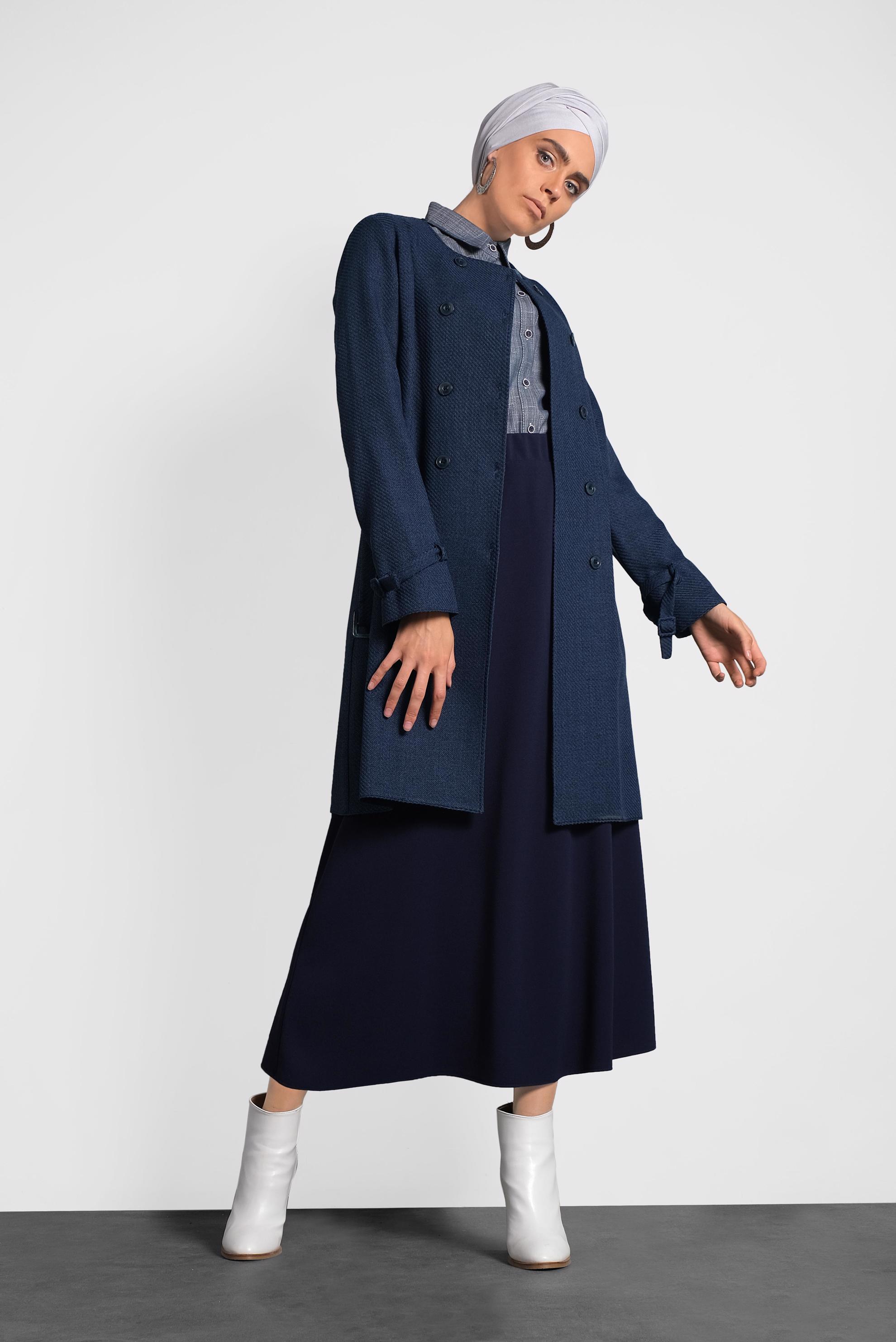 Tesettür giyim LACİVERT KEMERLİ BİSİKLET YAKA CEKET 40265 