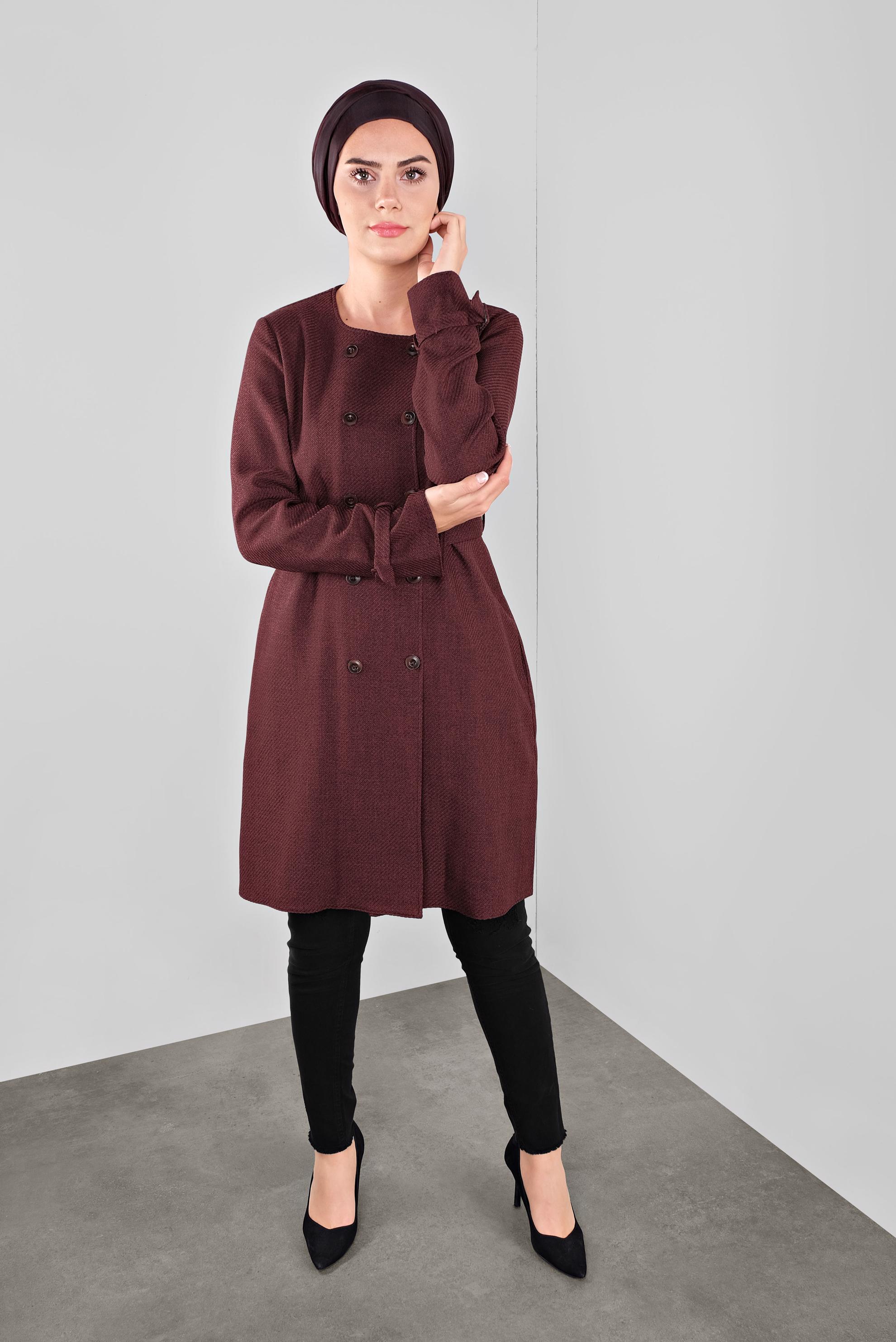 Tesettür giyim BORDO KEMERLİ BİSİKLET YAKA CEKET 40265 