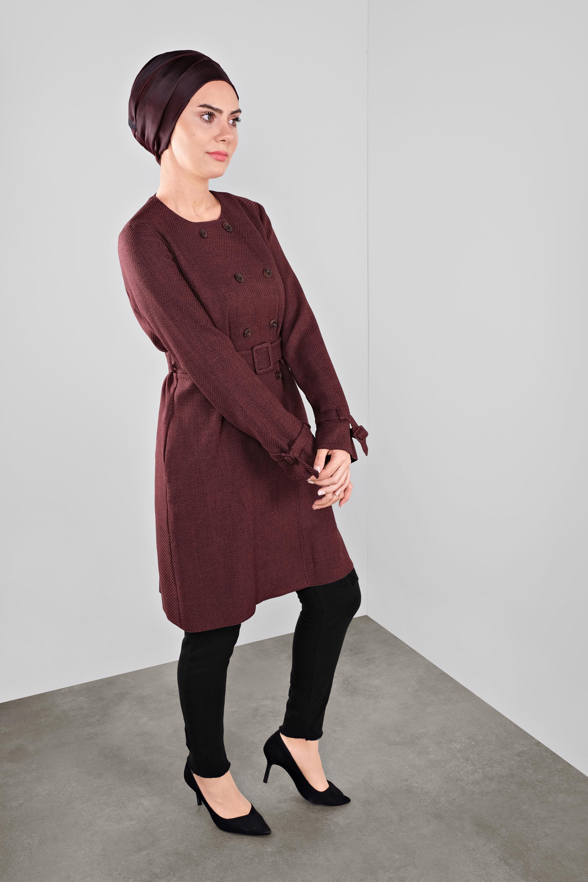 Tesettür giyim BORDO KEMERLİ BİSİKLET YAKA CEKET 40265 