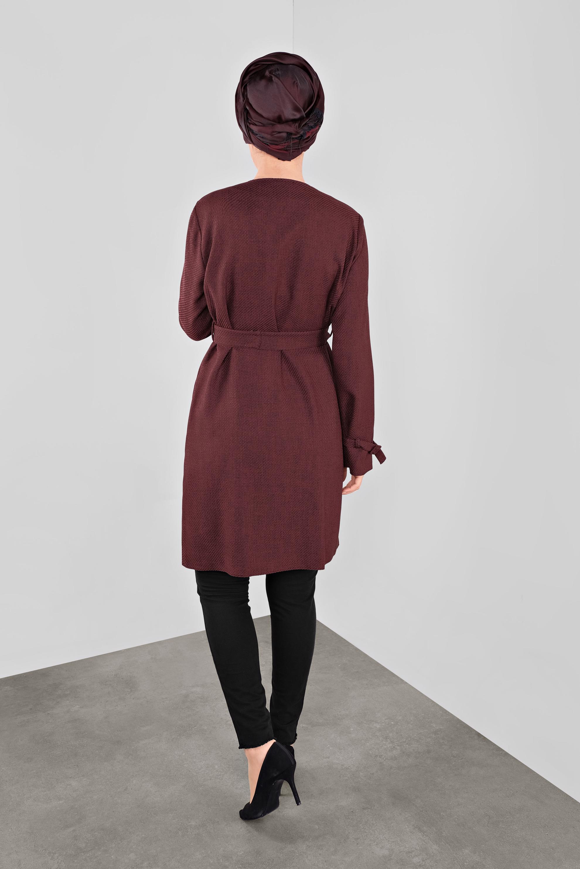 Tesettür giyim BORDO KEMERLİ BİSİKLET YAKA CEKET 40265 