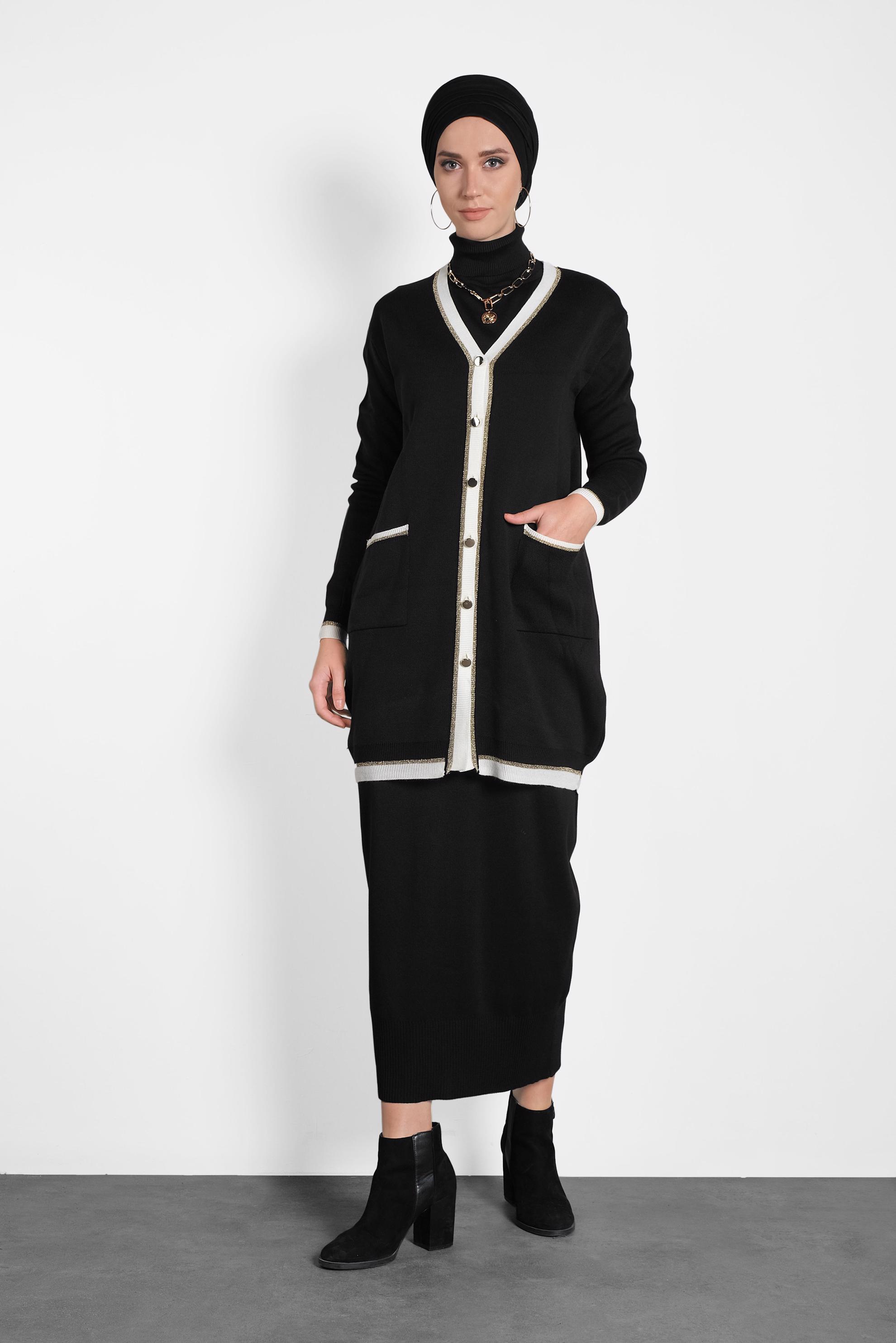 Tesettür giyim SİYAH SİMLİ CEPLİ TRİKO CEKET 40281