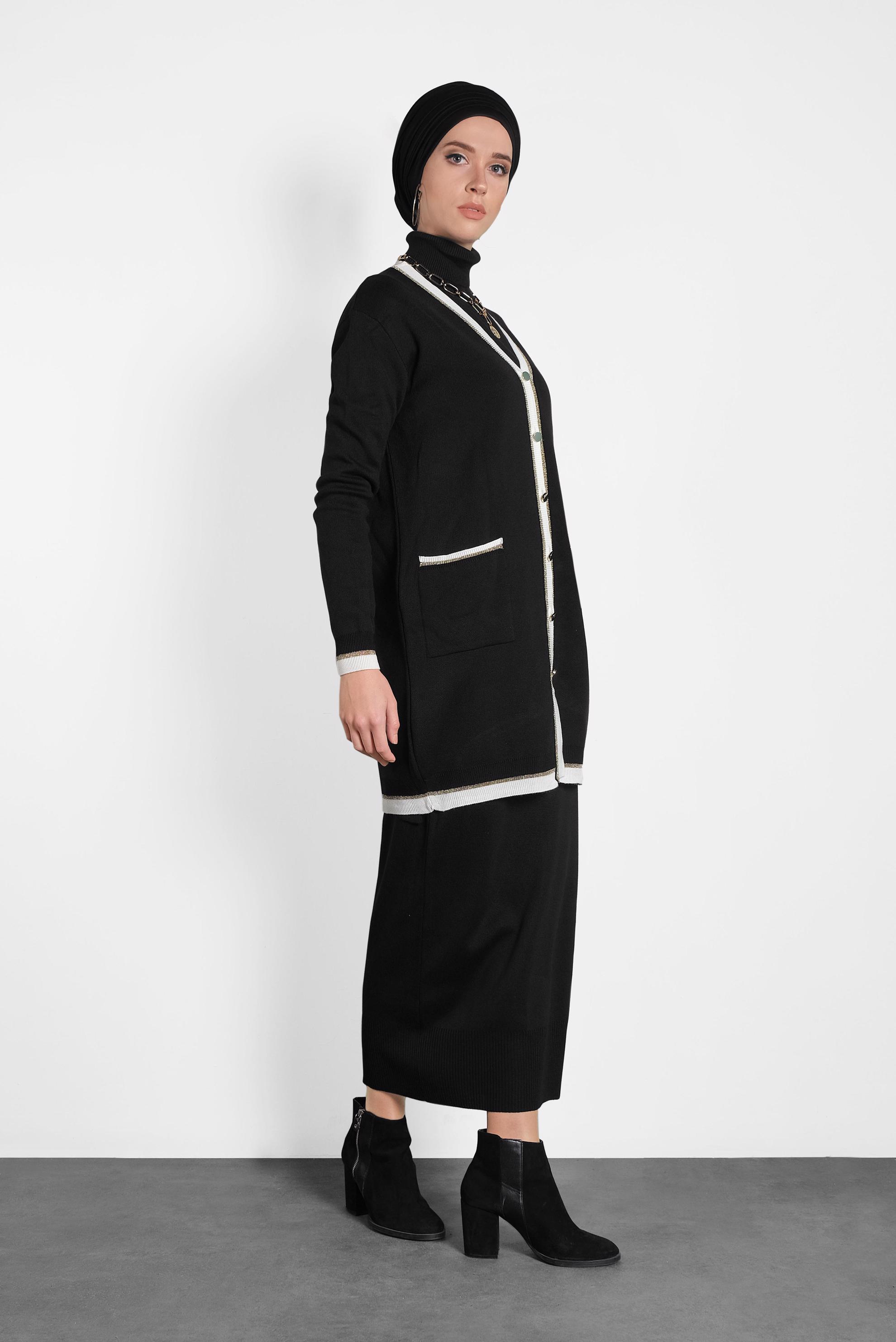 Tesettür giyim SİYAH SİMLİ CEPLİ TRİKO CEKET 40281