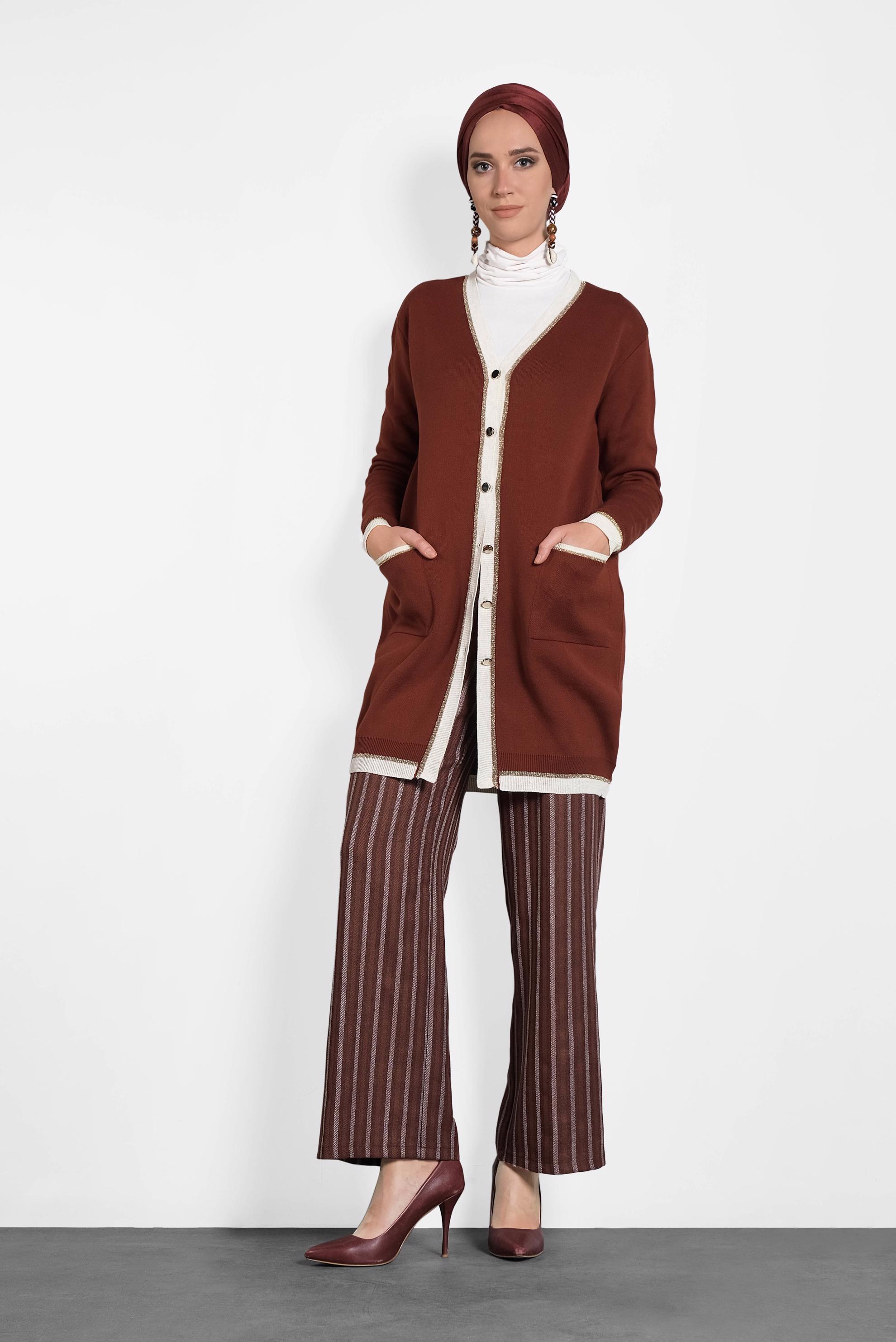 Tesettür giyim TURUNCU SİMLİ CEPLİ TRİKO CEKET 40281