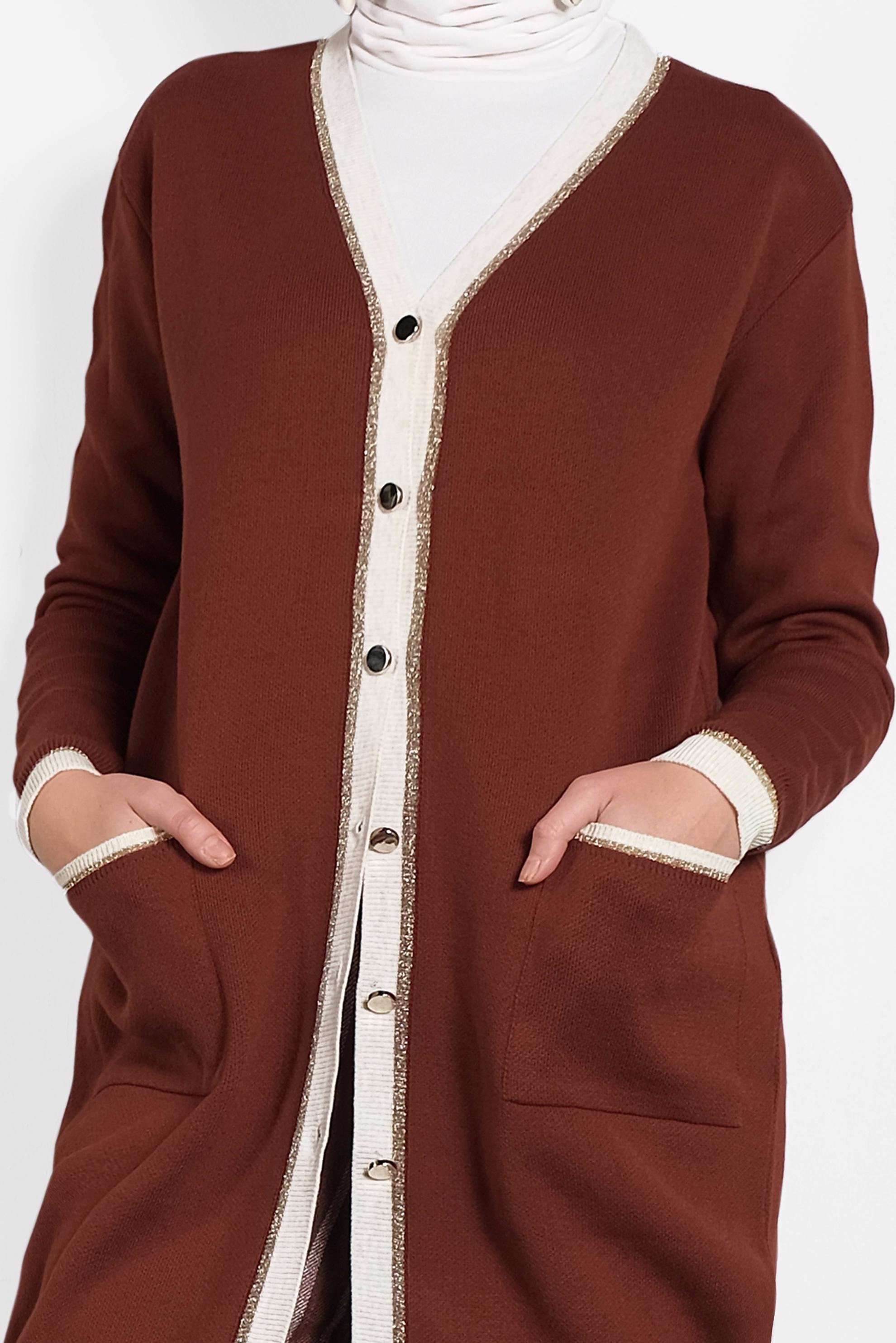 Tesettür giyim TURUNCU SİMLİ CEPLİ TRİKO CEKET 40281