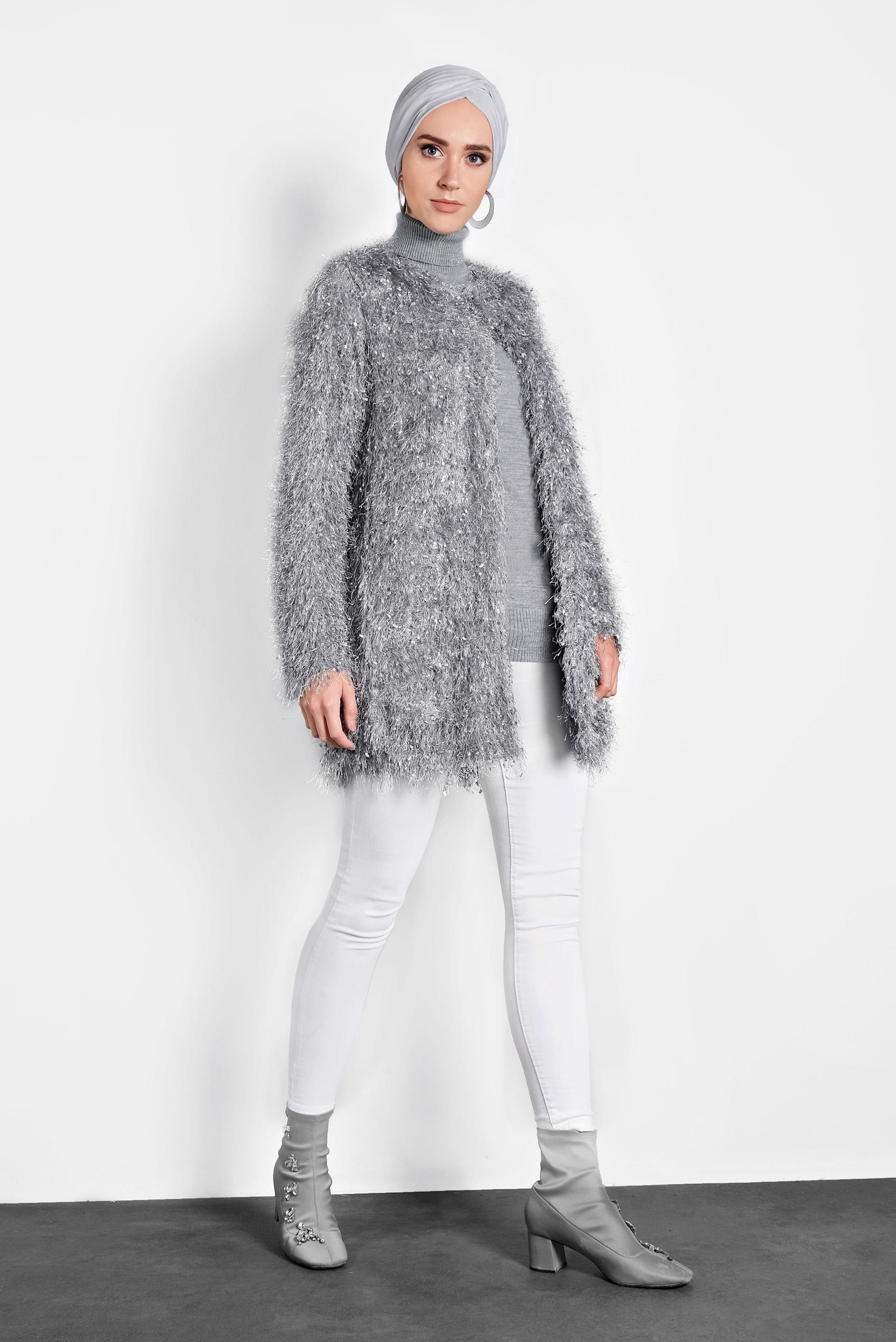 Tesettür giyim GRİ SAÇAKLI CEKET 40305