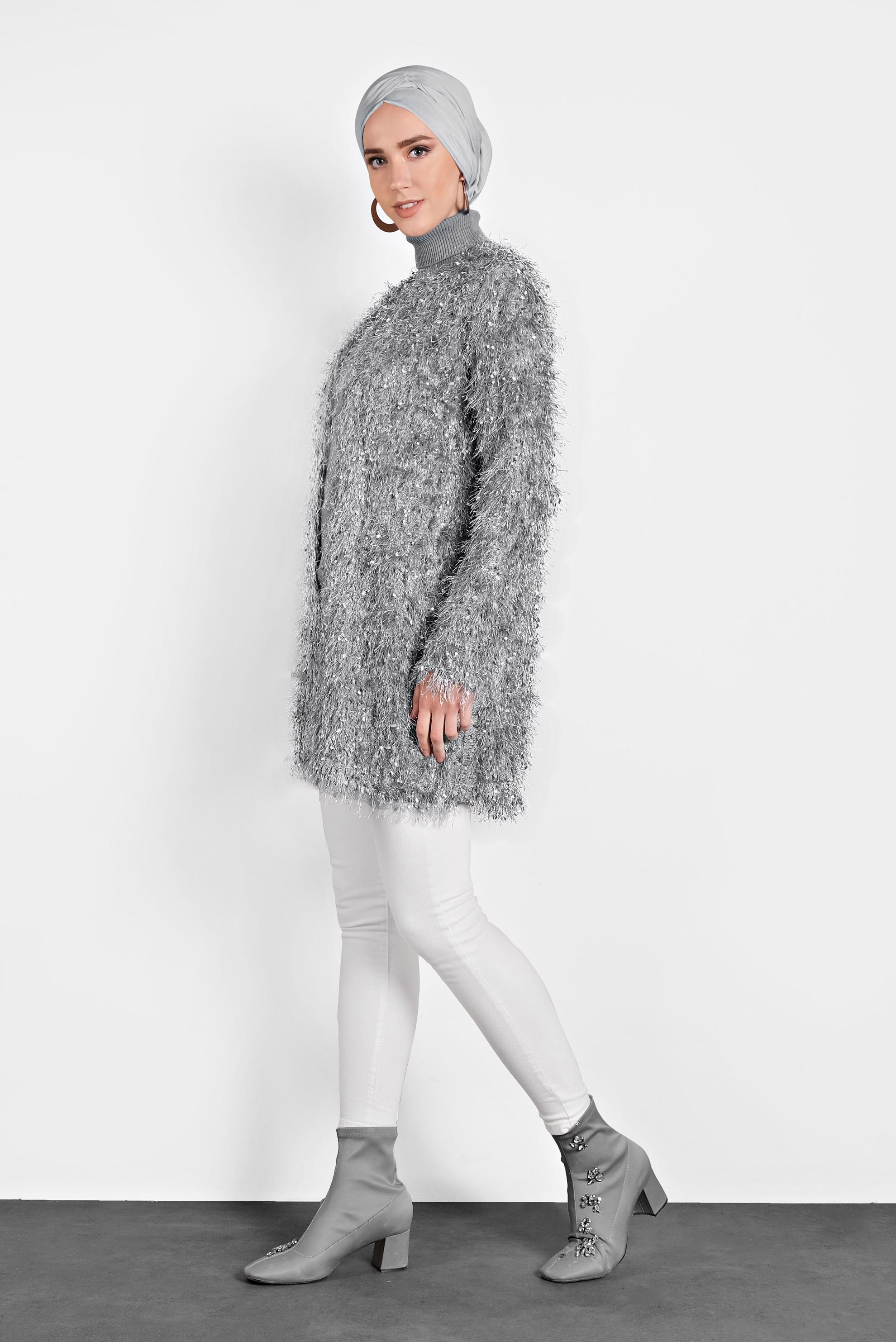 Tesettür giyim GRİ SAÇAKLI CEKET 40305