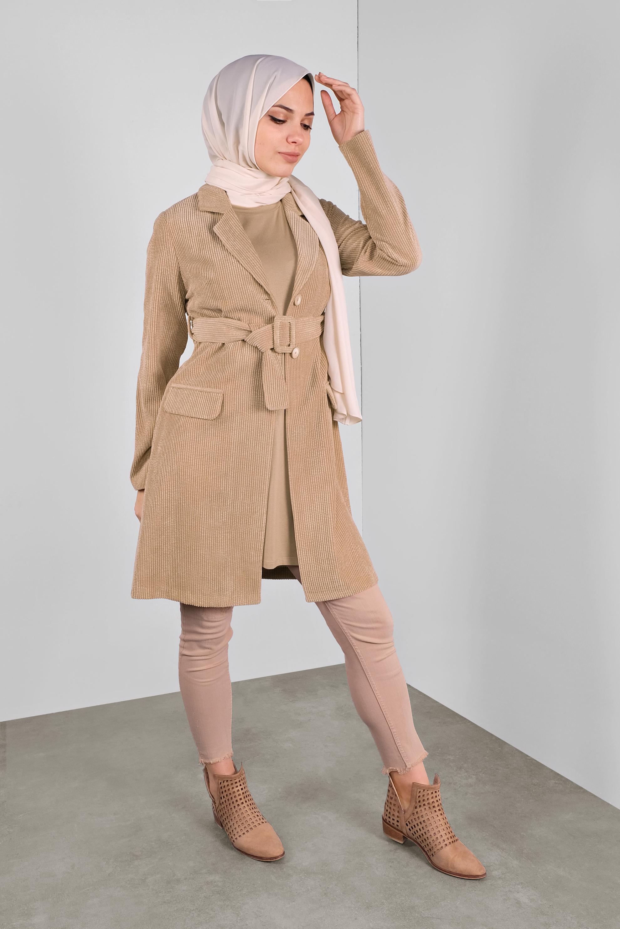 Tesettür giyim BEJ KADİFE CEKET 40351