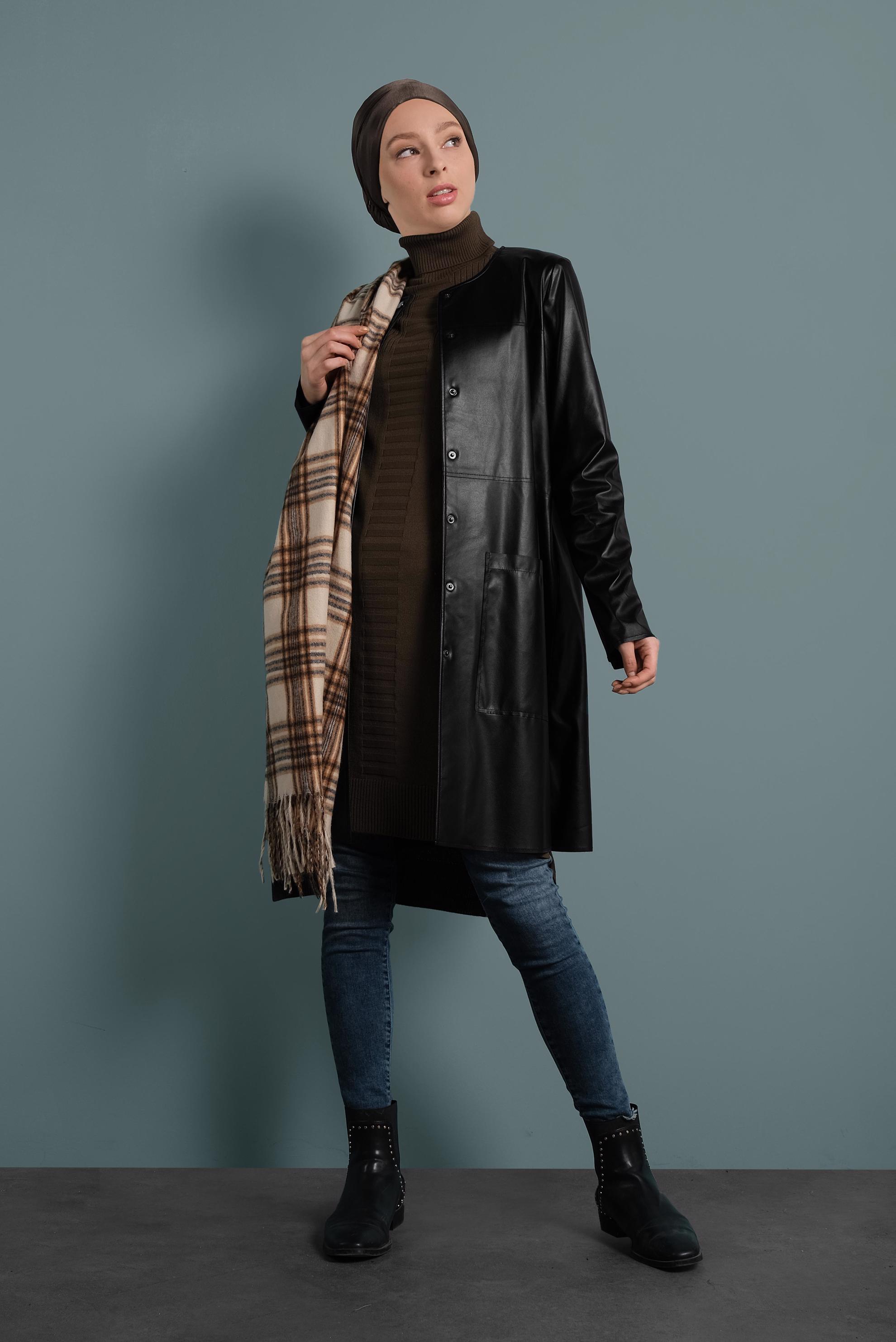 Tesettür giyim SİYAH BİSİKLET YAKA DERİ CEKET 40375