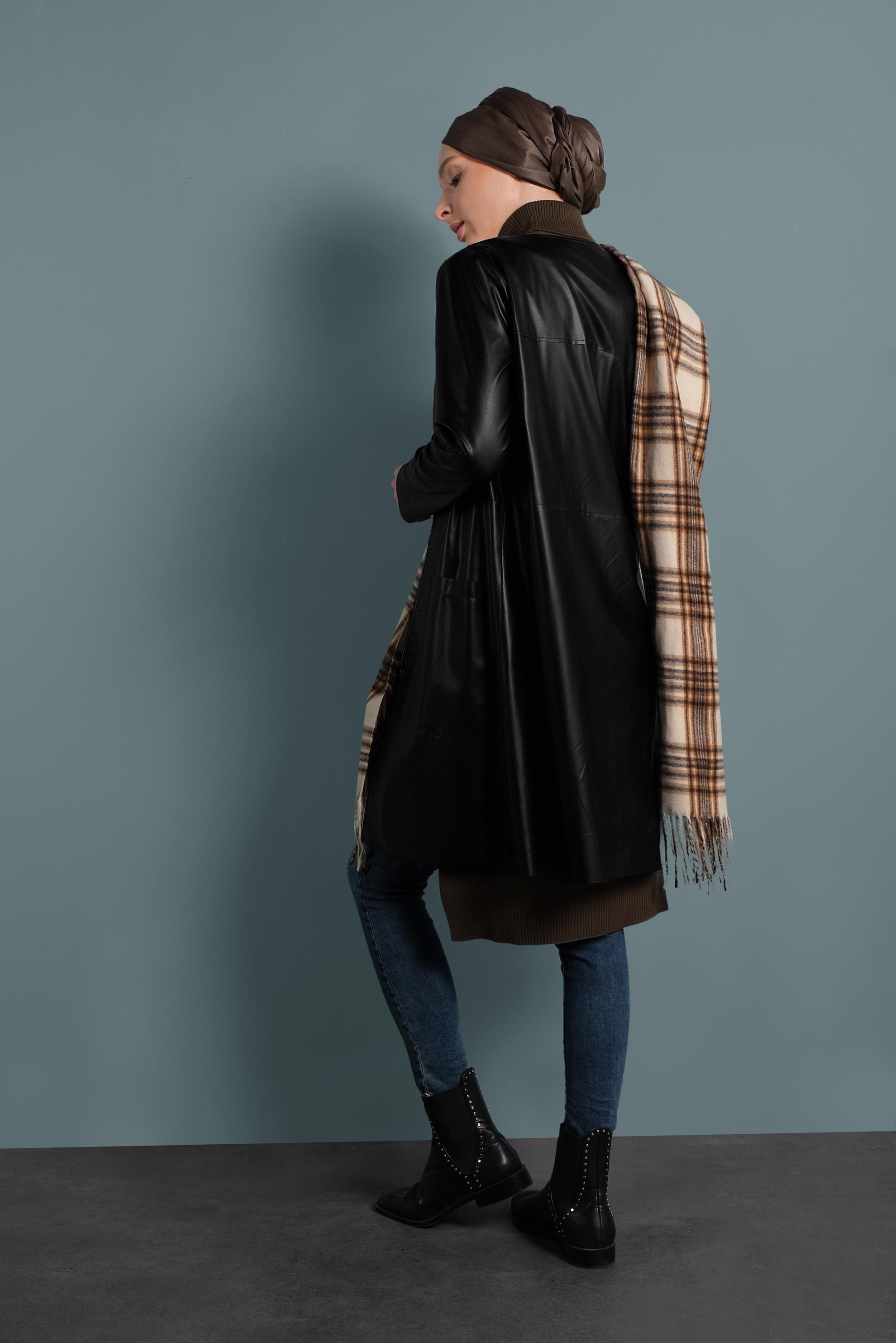 Tesettür giyim SİYAH BİSİKLET YAKA DERİ CEKET 40375