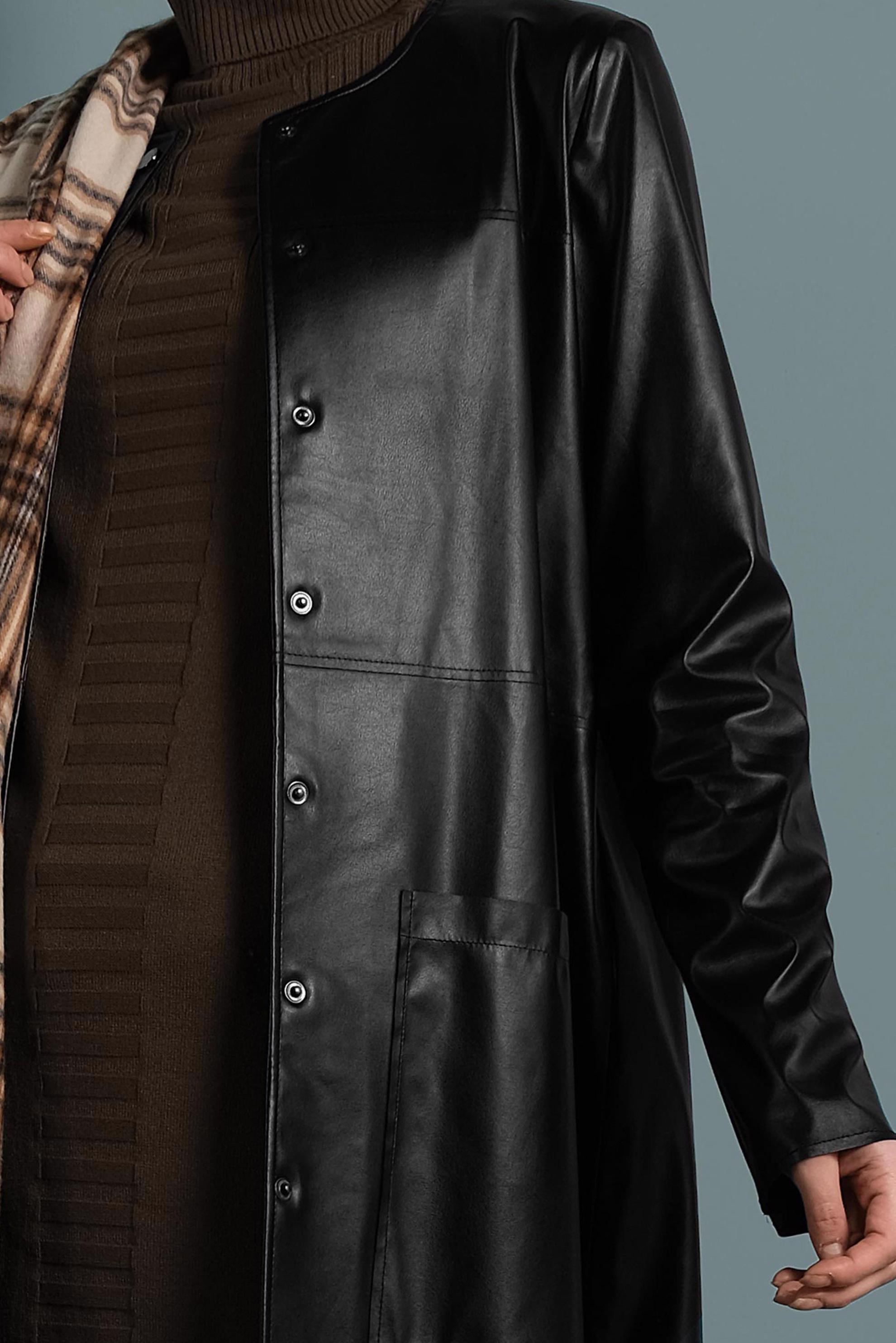 Tesettür giyim SİYAH BİSİKLET YAKA DERİ CEKET 40375