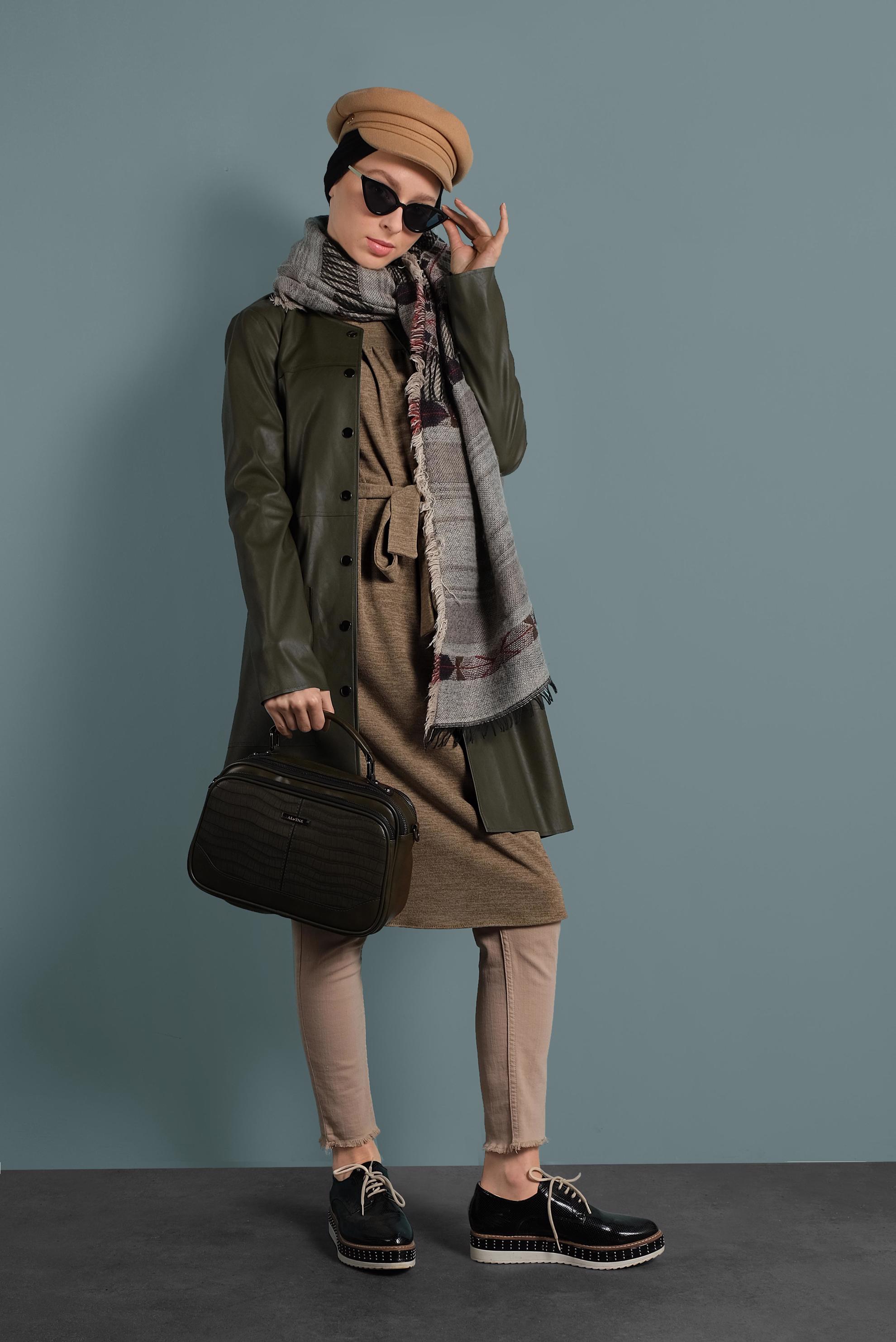 Tesettür giyim HAKİ BİSİKLET YAKA DERİ CEKET 40375