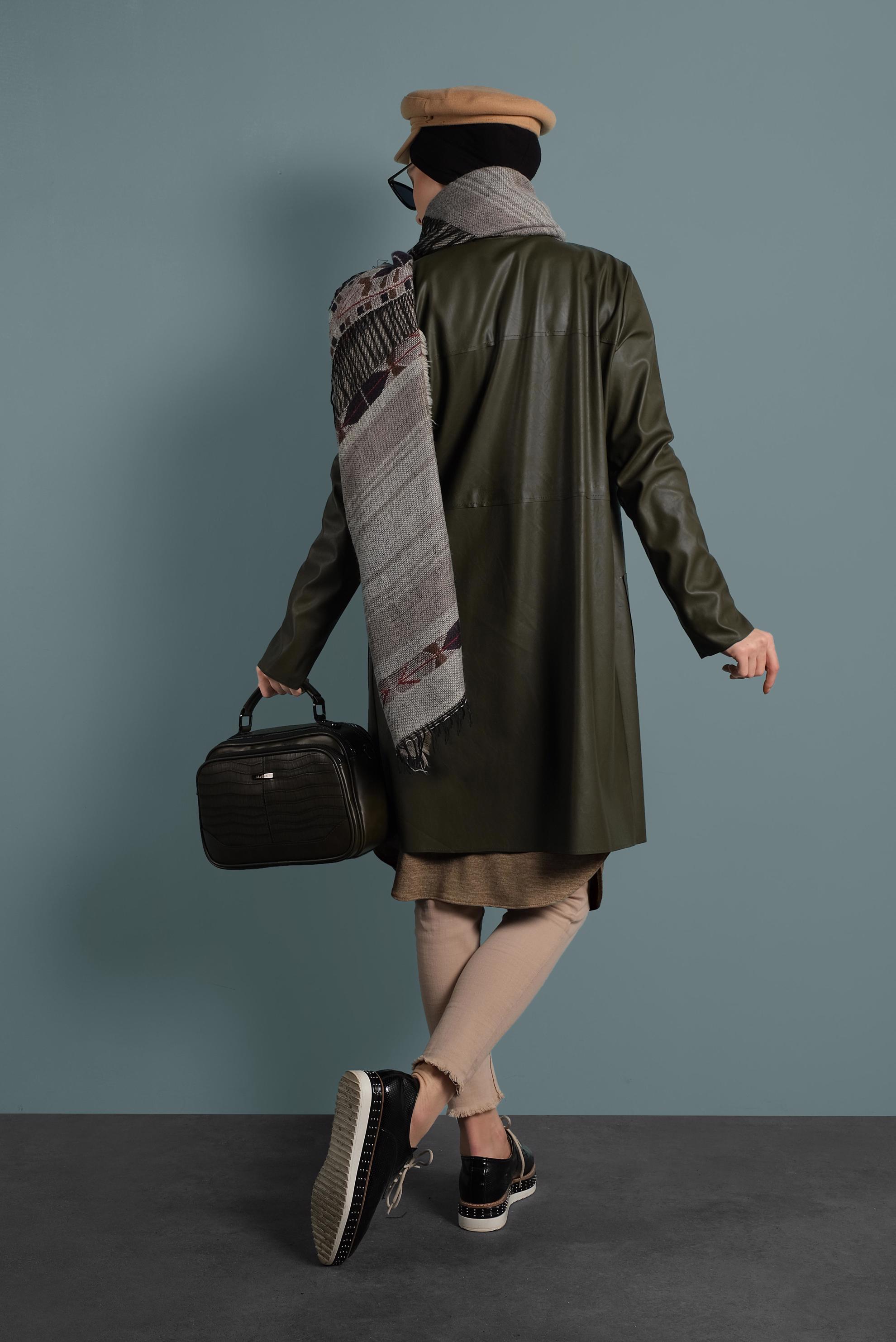 Tesettür giyim HAKİ BİSİKLET YAKA DERİ CEKET 40375