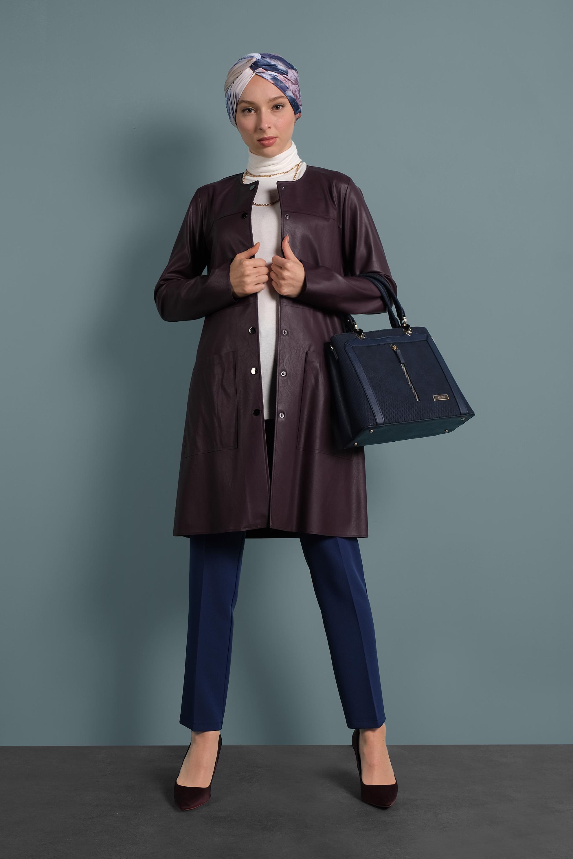 Tesettür giyim MÜRDÜM BİSİKLET YAKA DERİ CEKET 40375