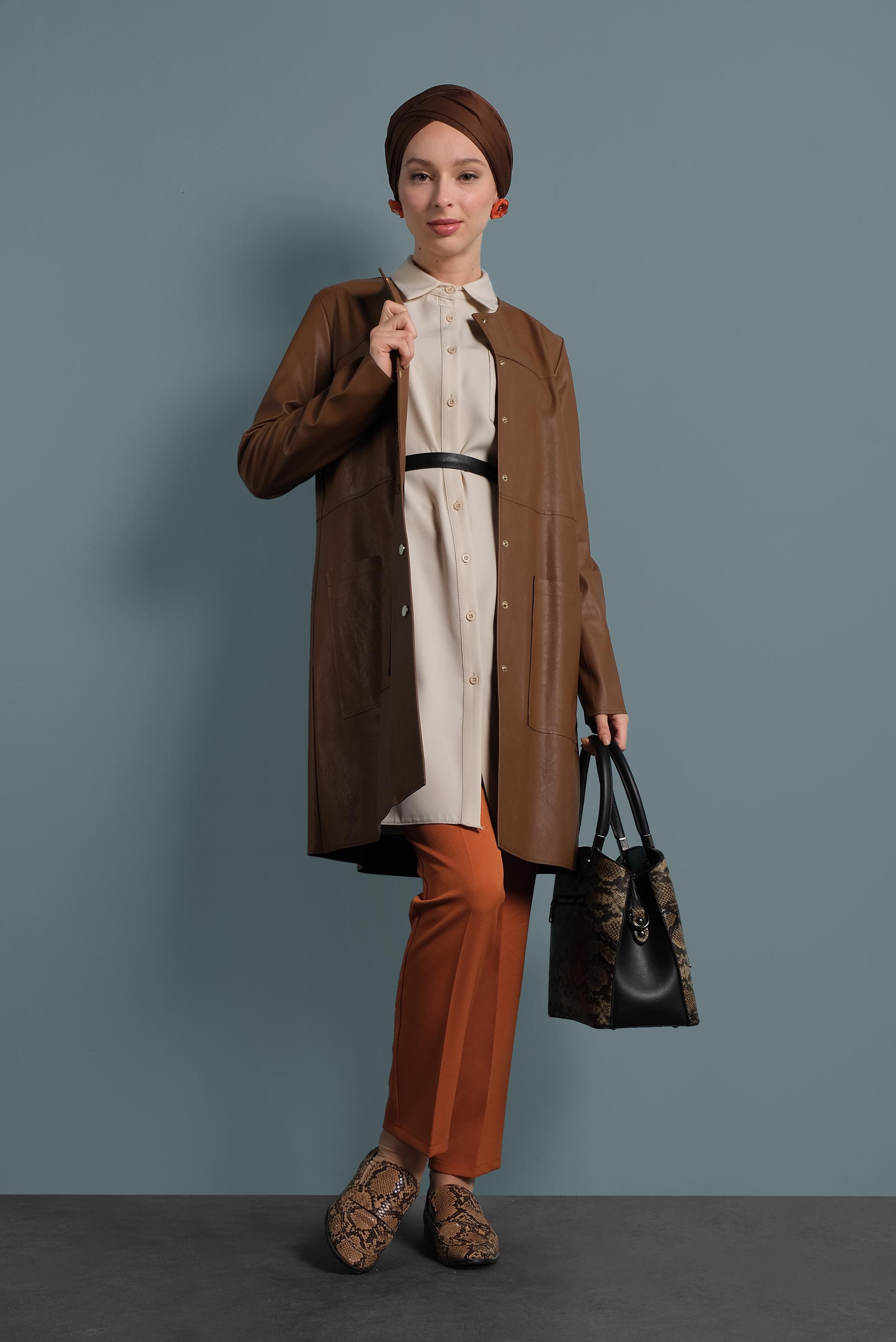 Tesettür giyim TABA BİSİKLET YAKA DERİ CEKET 40375