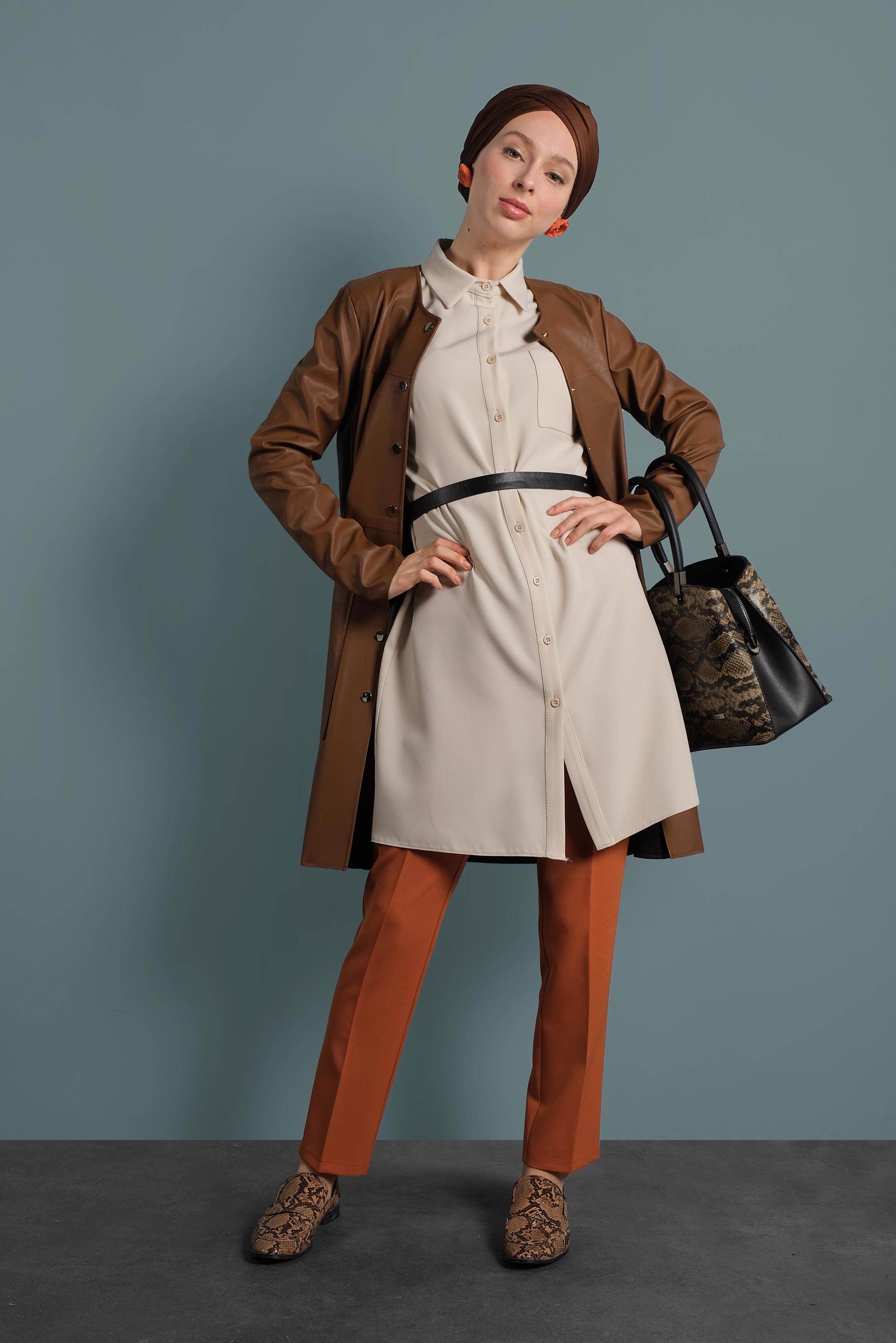 Tesettür giyim TABA BİSİKLET YAKA DERİ CEKET 40375