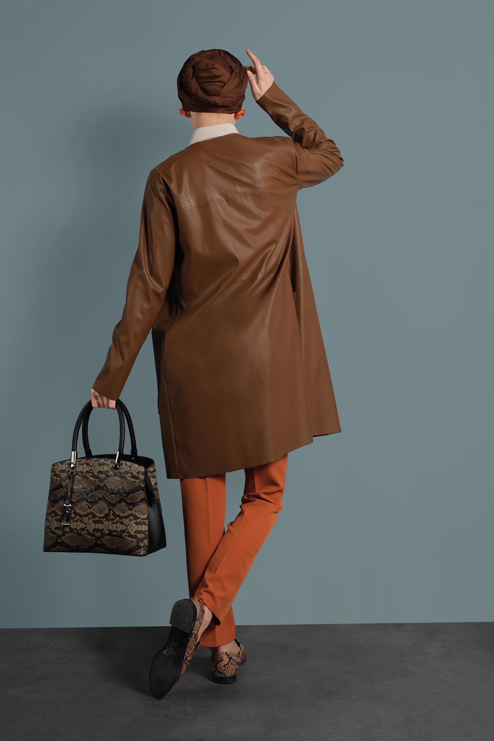 Tesettür giyim TABA BİSİKLET YAKA DERİ CEKET 40375