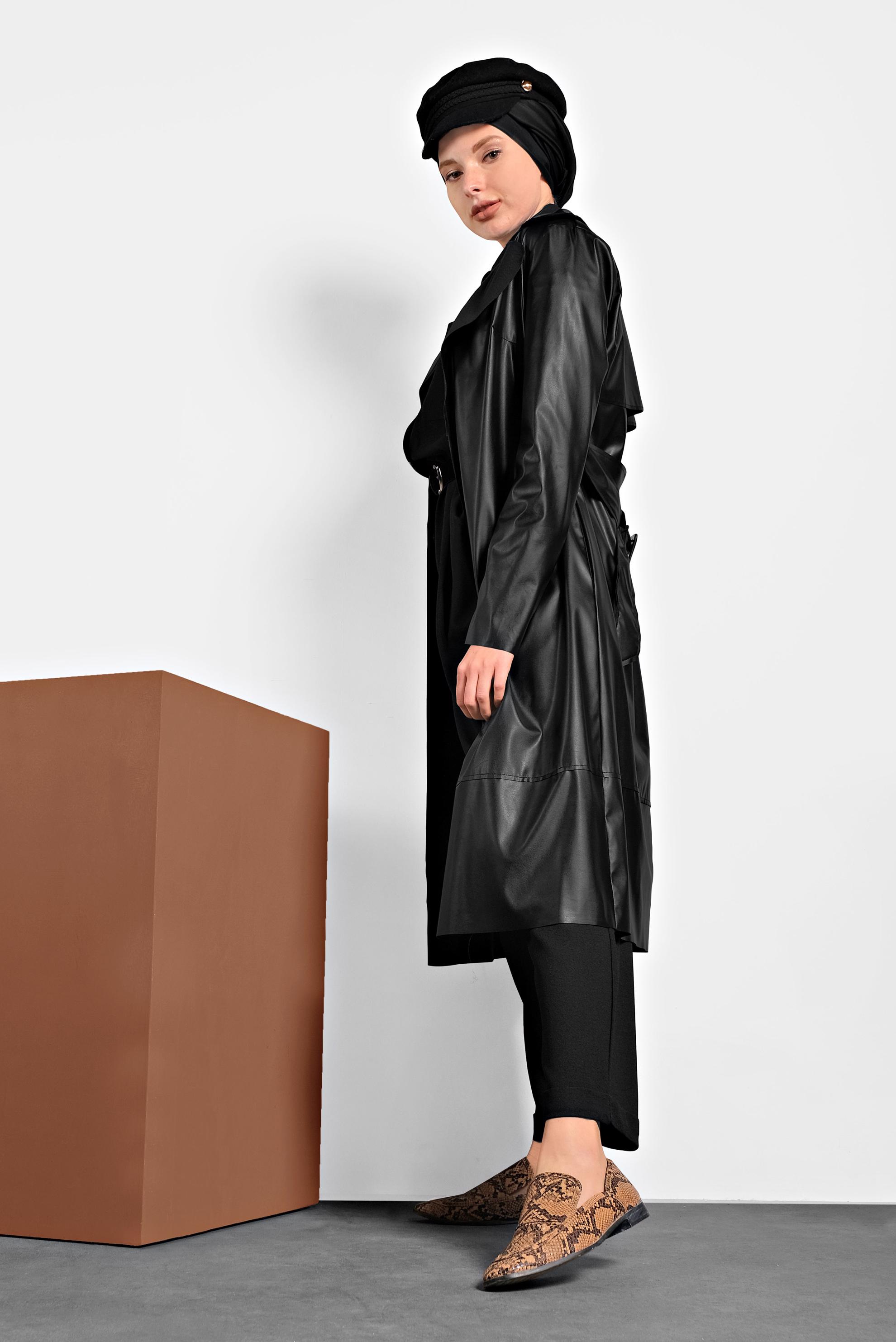 Hijab clothing BLACK BELTED LEATHER JACKET 40395