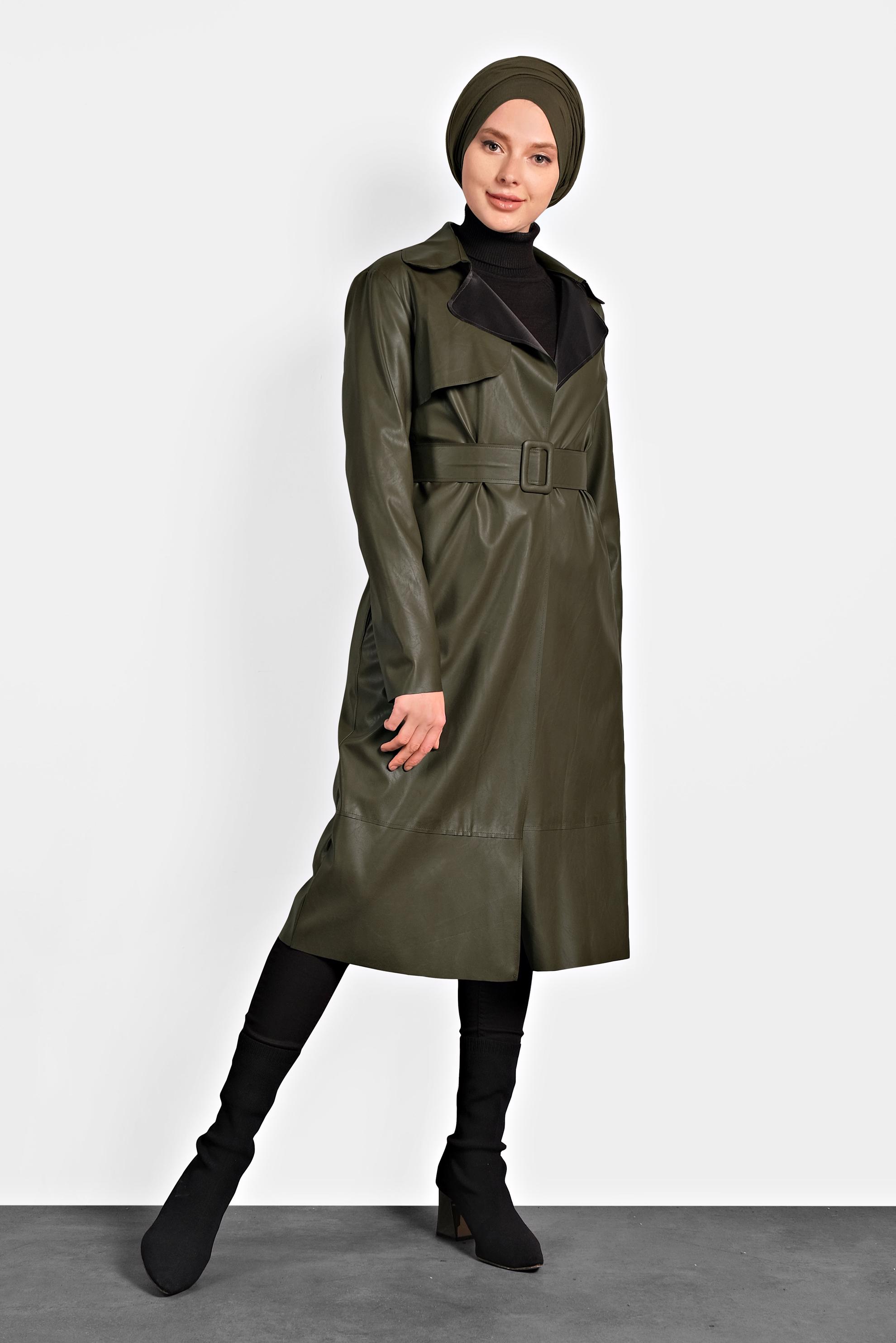 Hijab clothing KHAKI BELTED LEATHER JACKET 40395