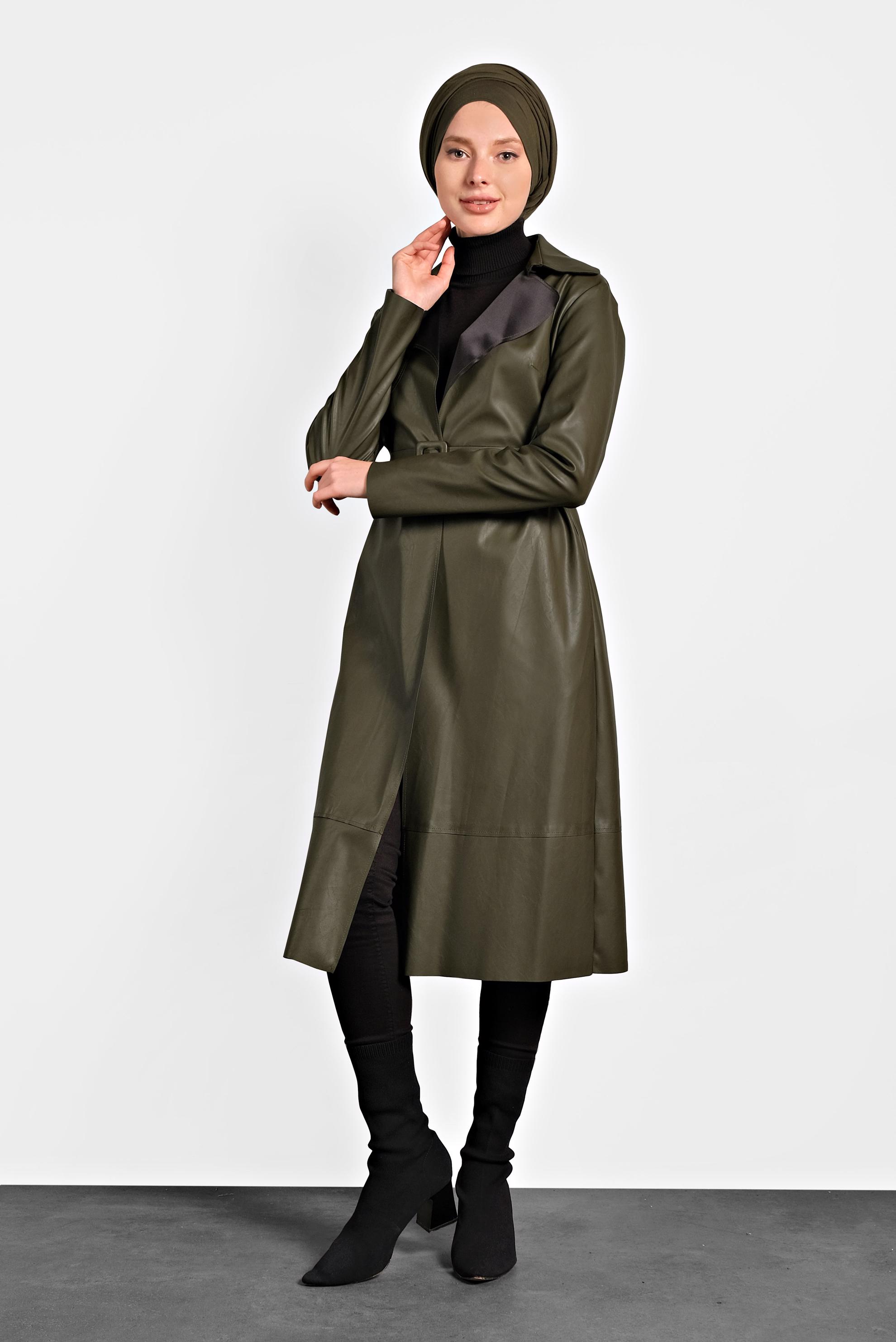 Hijab clothing KHAKI BELTED LEATHER JACKET 40395