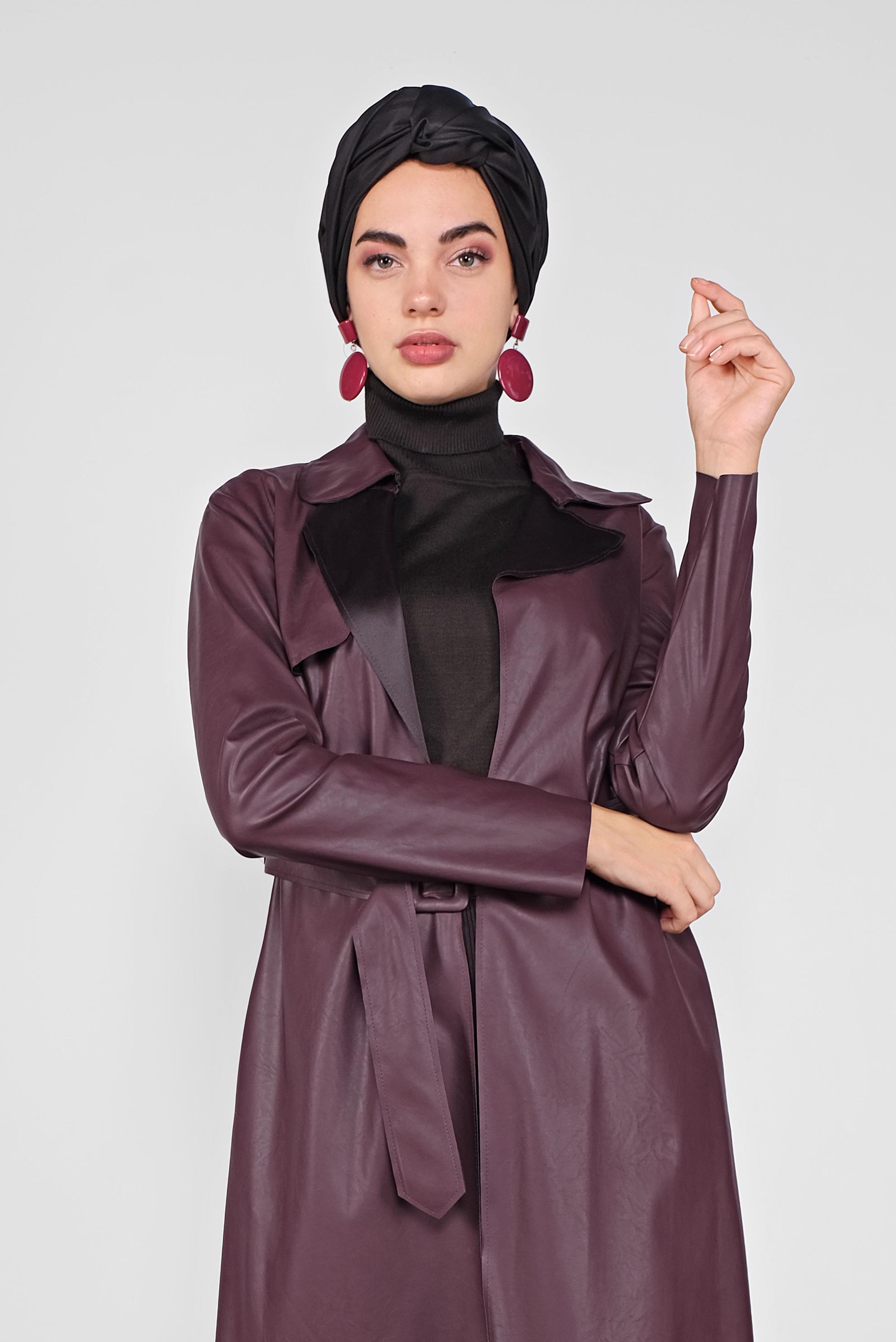 Tesettür giyim MÜRDÜM KEMERLİ DERİ CEKET 40395