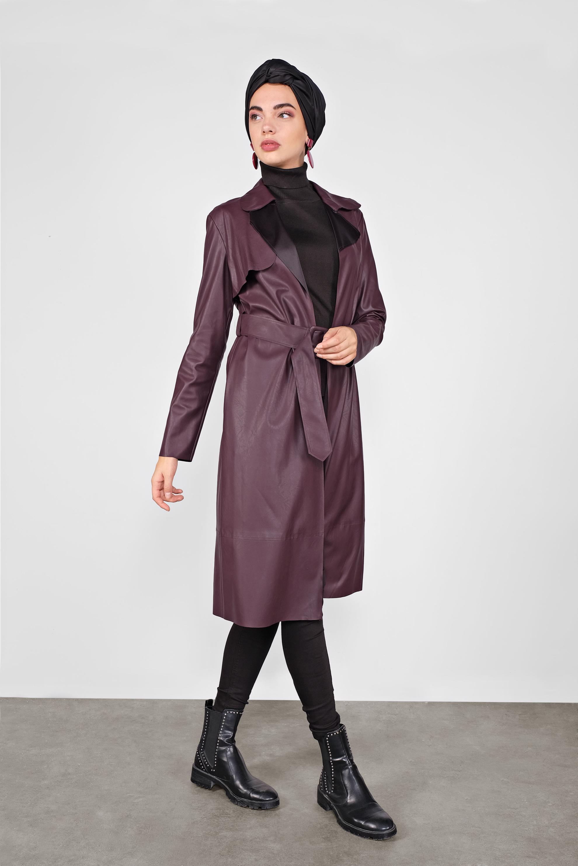 Tesettür giyim MÜRDÜM KEMERLİ DERİ CEKET 40395