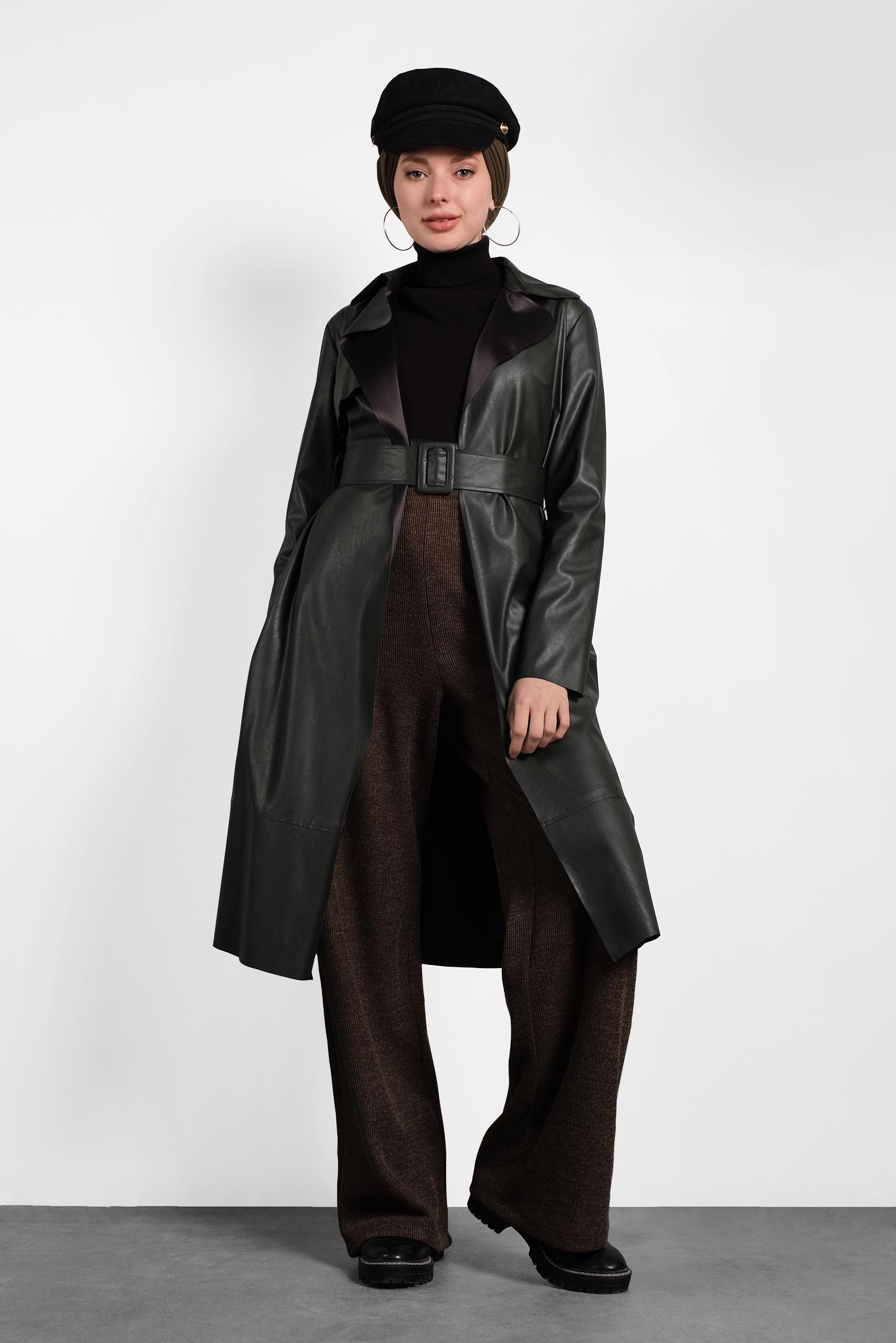 Hijab clothing KHAKI BELTED LEATHER JACKET 40395