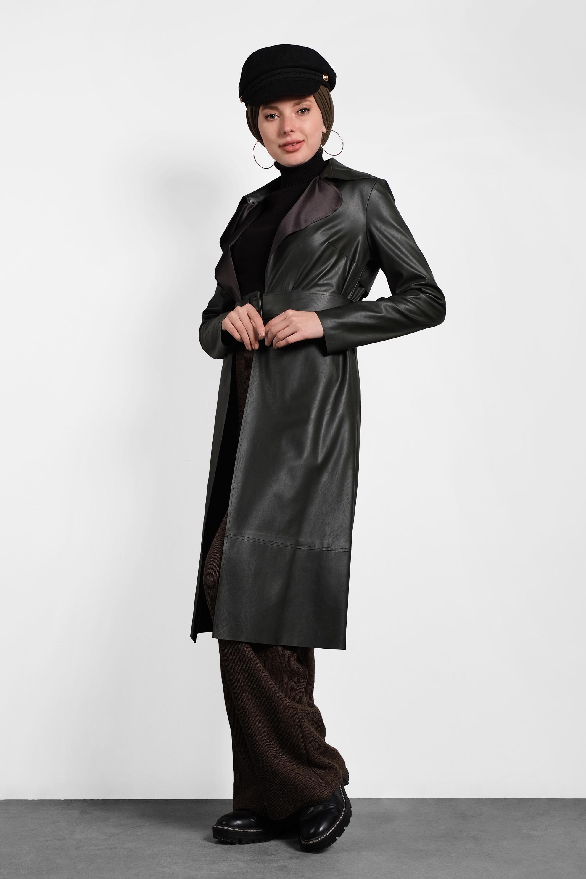 Hijab clothing KHAKI BELTED LEATHER JACKET 40395