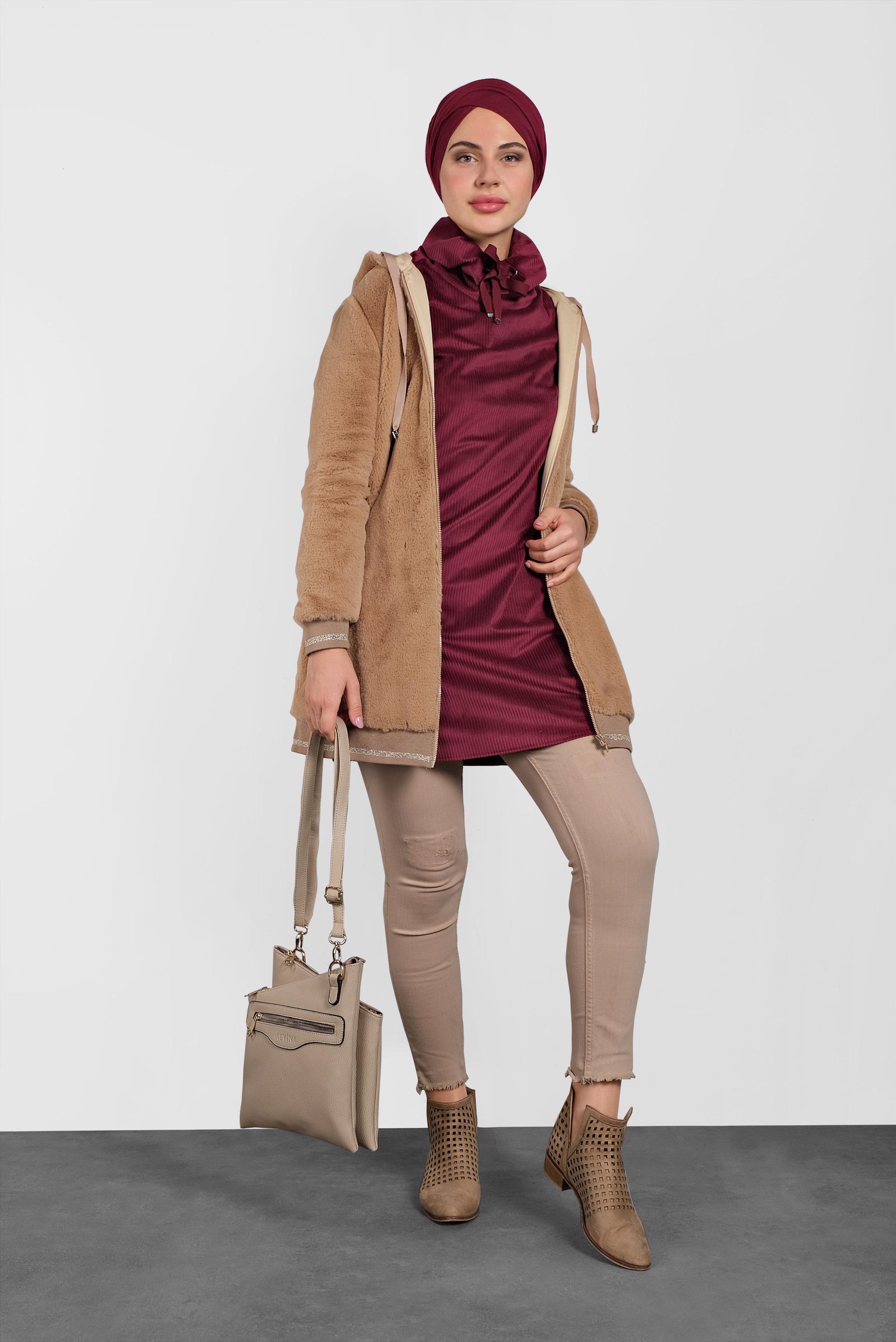 Tesettür giyim KAHVE KAPÜŞONLU PELUŞ CEKET 40410 