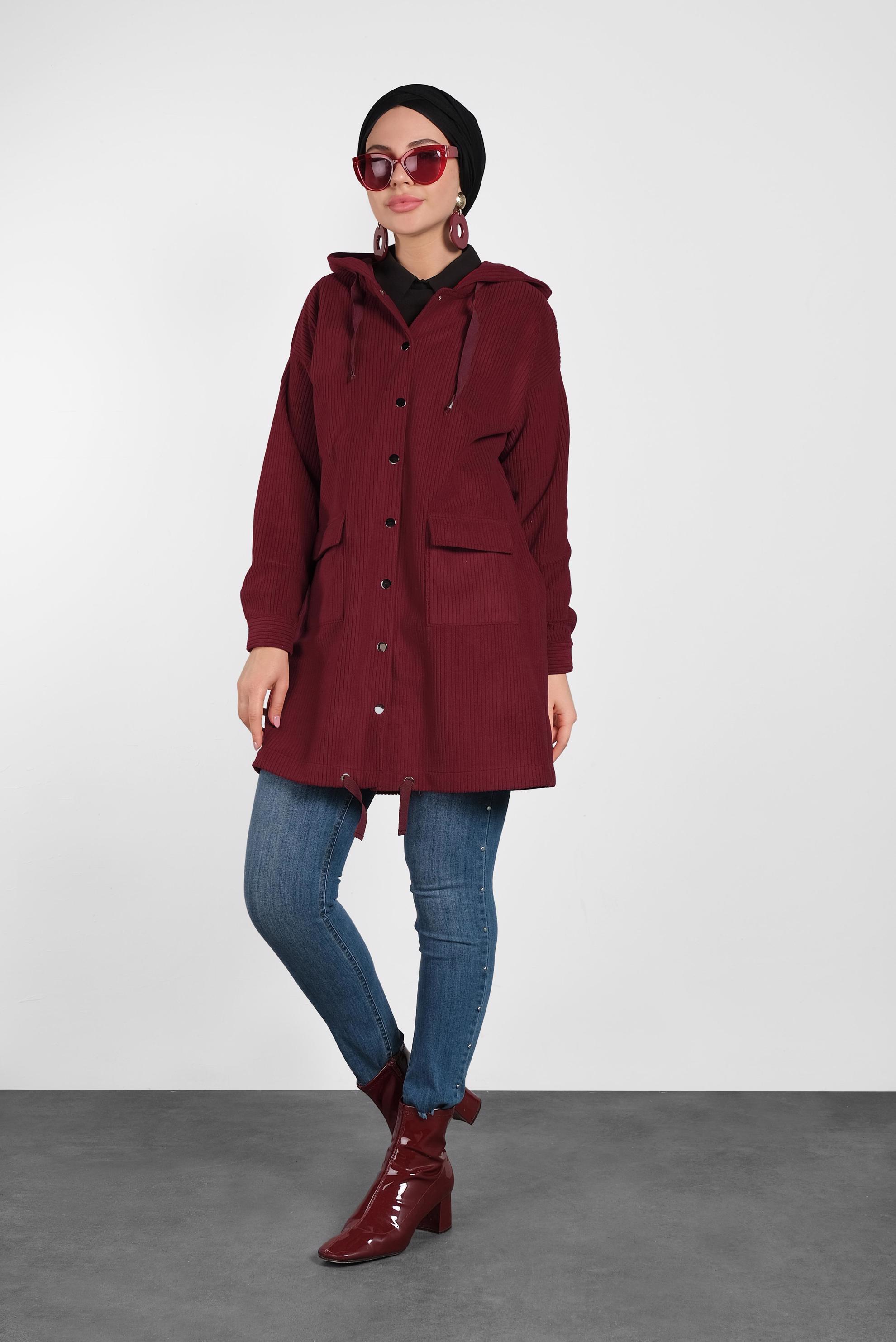 Tesettür giyim BORDO ÇITÇITLI KADİFE CEKET 40411 