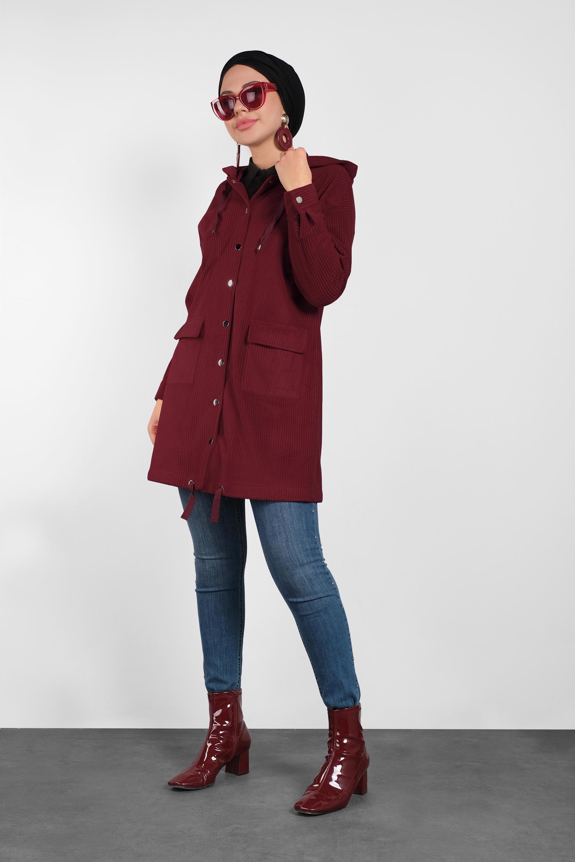 Tesettür giyim BORDO ÇITÇITLI KADİFE CEKET 40411 