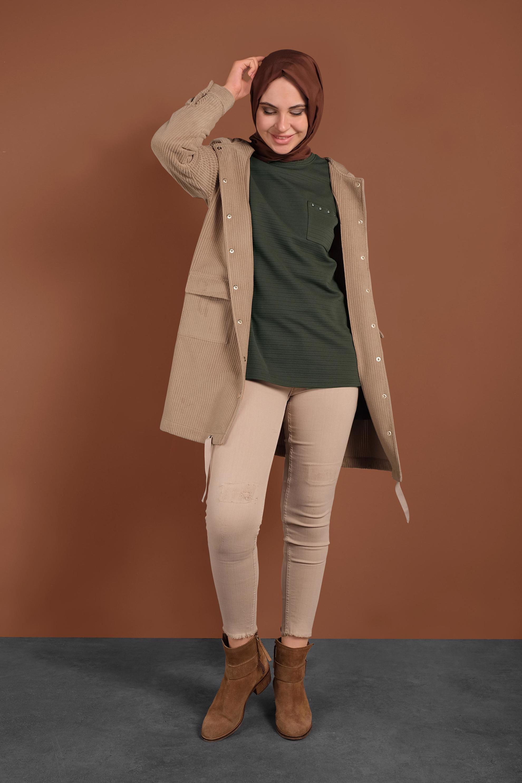 Tesettür giyim KAHVE ÇITÇITLI KADİFE CEKET 40411 