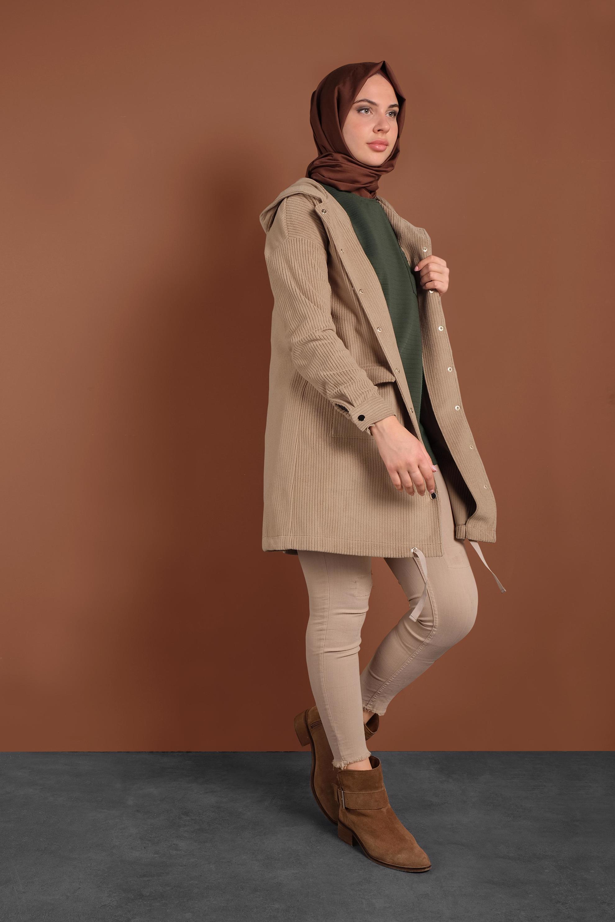 Tesettür giyim KAHVE ÇITÇITLI KADİFE CEKET 40411 