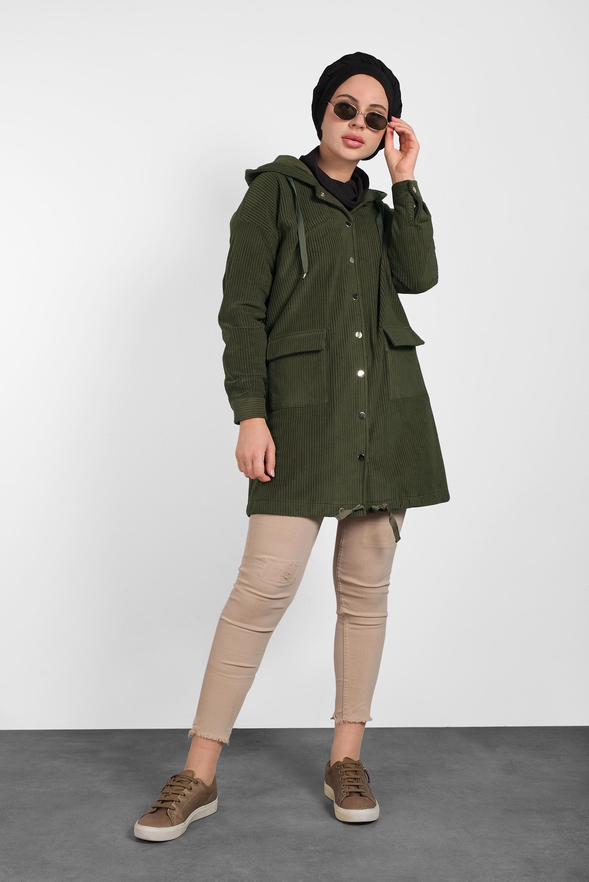 Tesettür giyim HAKİ ÇITÇITLI KADİFE CEKET 40411 