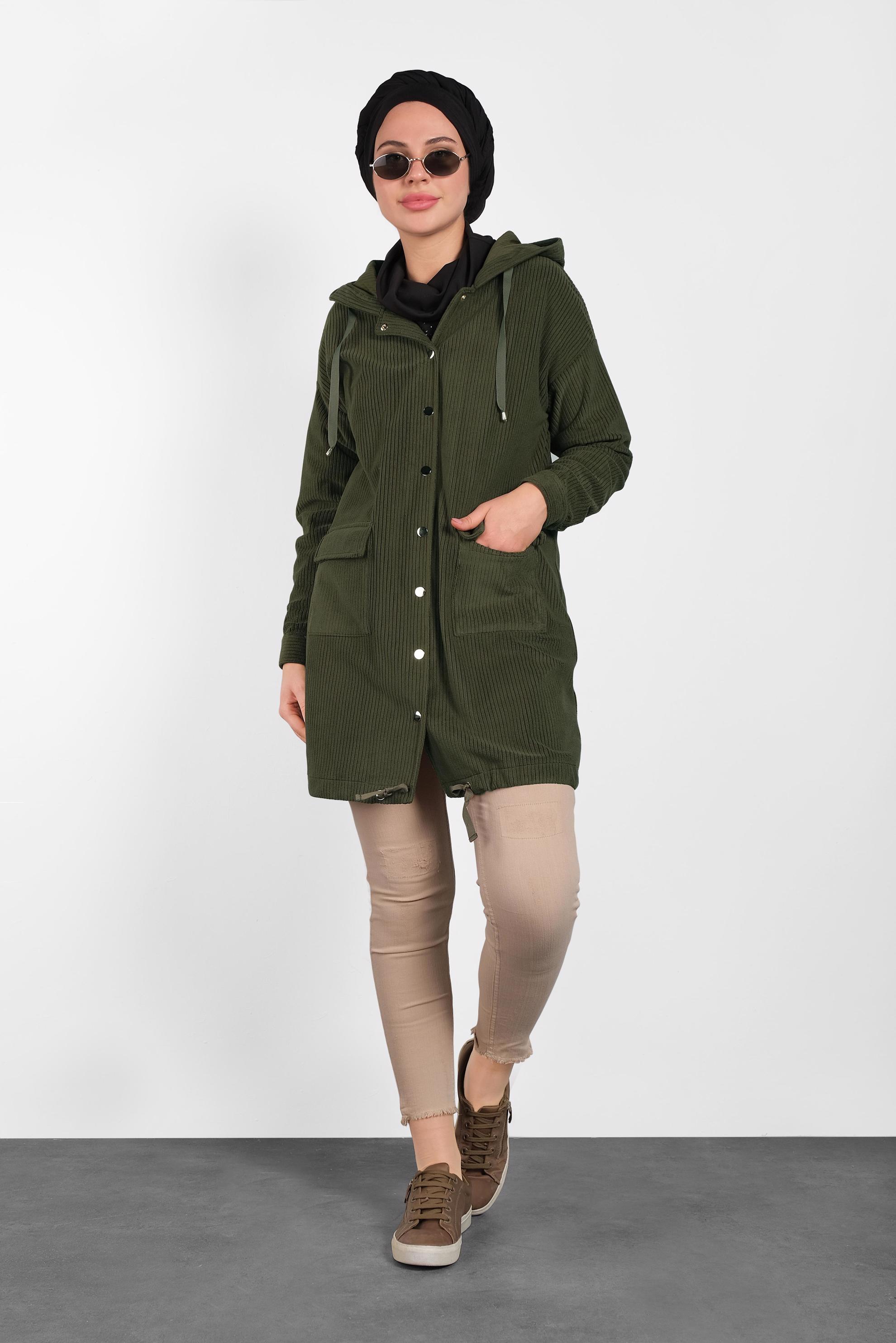 Tesettür giyim HAKİ ÇITÇITLI KADİFE CEKET 40411 