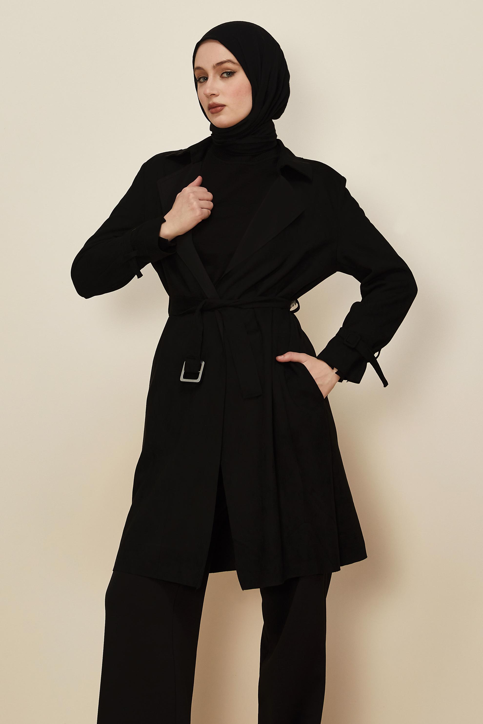 Tesettür giyim SİYAH KEMERLİ SÜET CEKET 41175