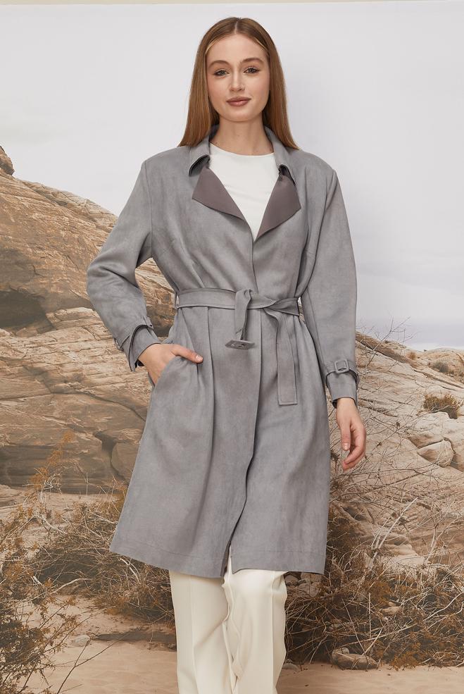 Tesettür giyim GRİ KEMERLİ SÜET CEKET 41175 - ALVİNA