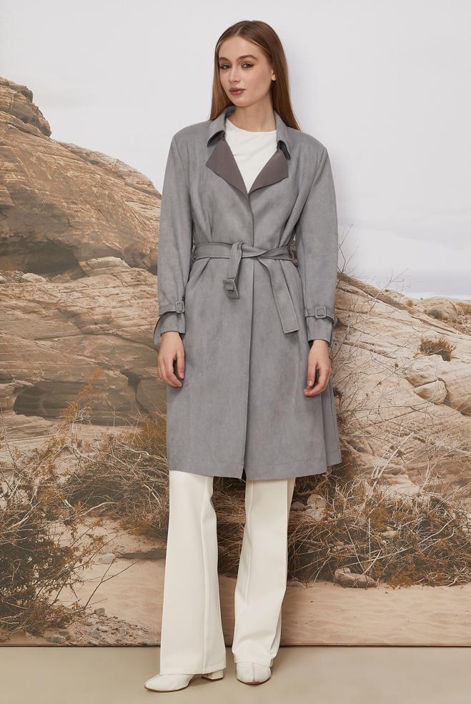 Tesettür giyim GRİ KEMERLİ SÜET CEKET 41175 - ALVİNA