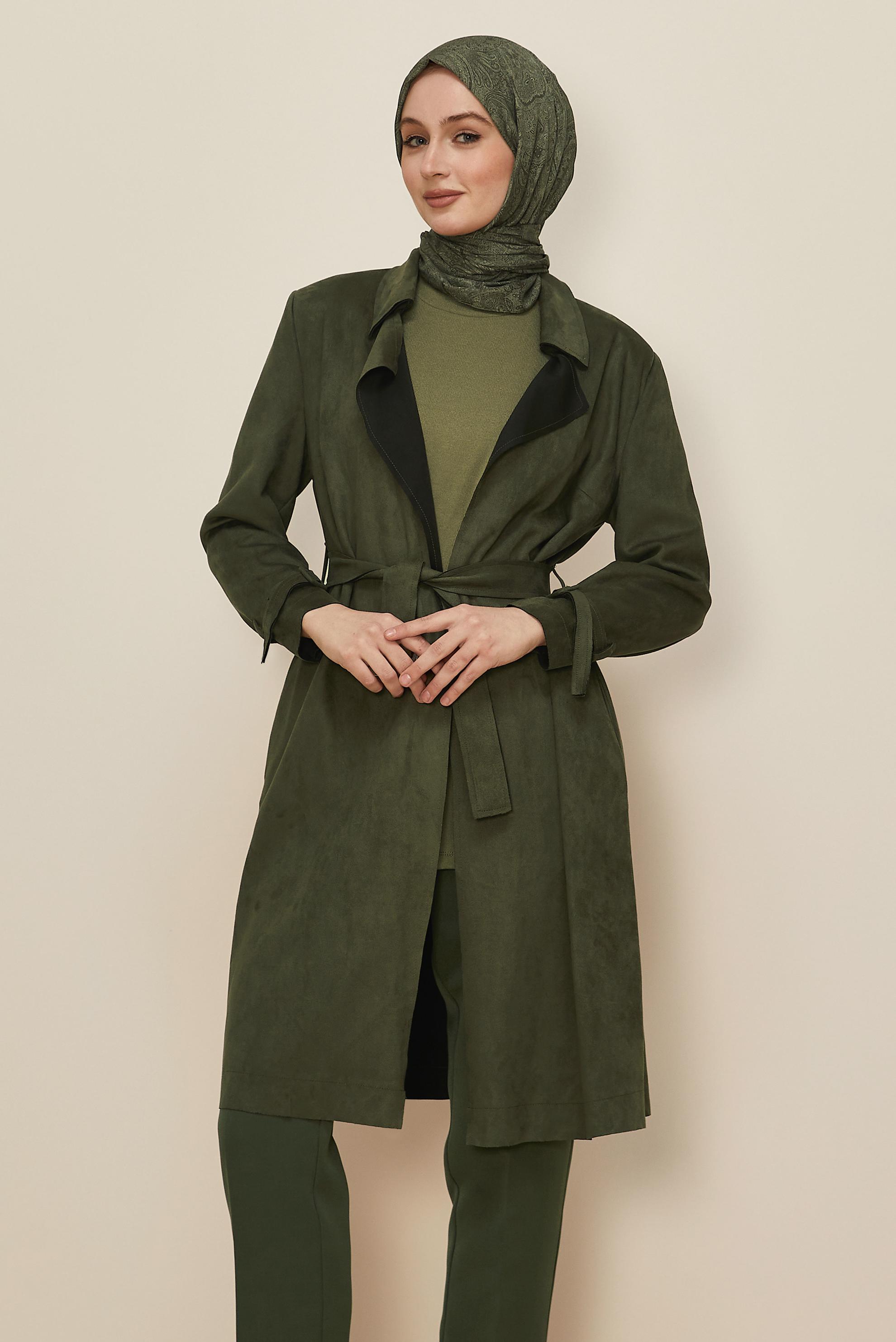 Tesettür giyim HAKİ KEMERLİ SÜET CEKET 41175