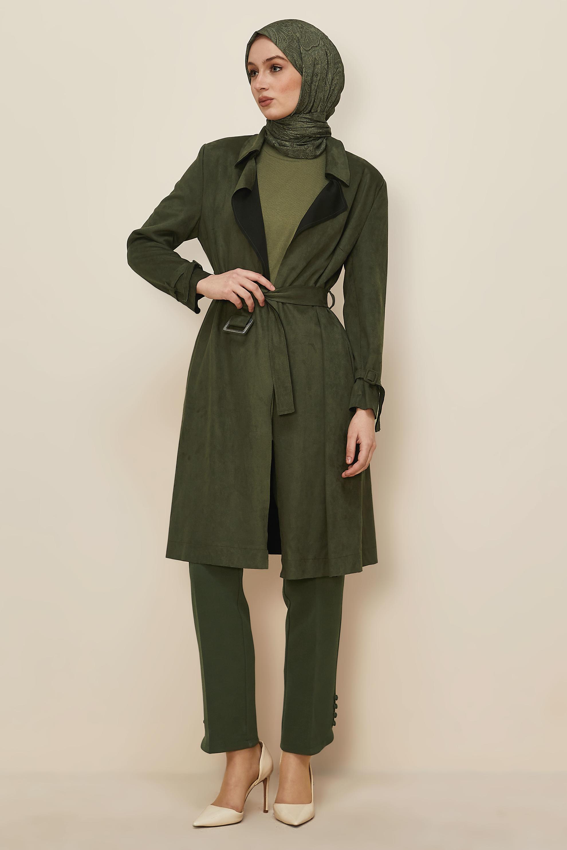 Tesettür giyim HAKİ KEMERLİ SÜET CEKET 41175