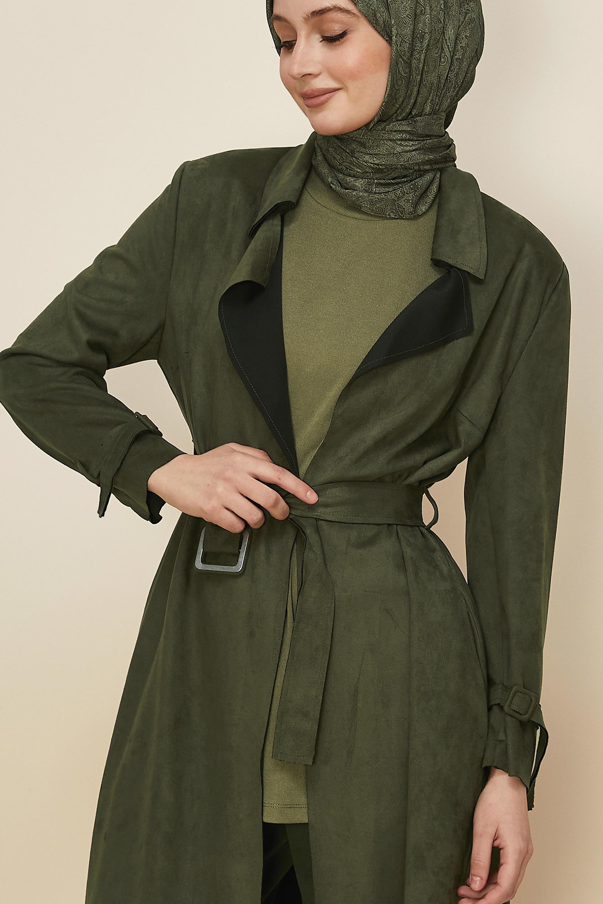 Tesettür giyim HAKİ KEMERLİ SÜET CEKET 41175